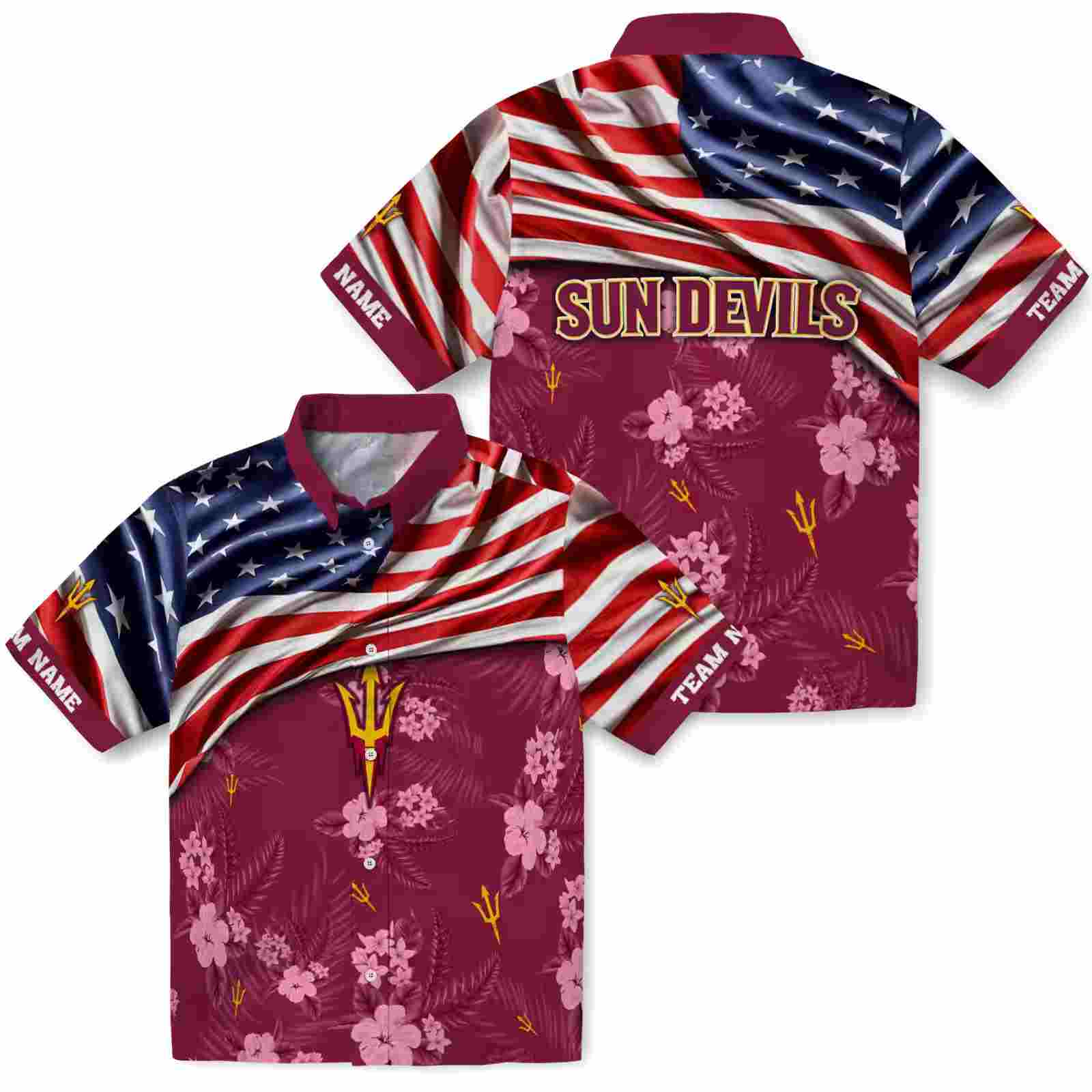 customized arizona state sun devils us flag hibiscus maroon hawaiian shirt high quality