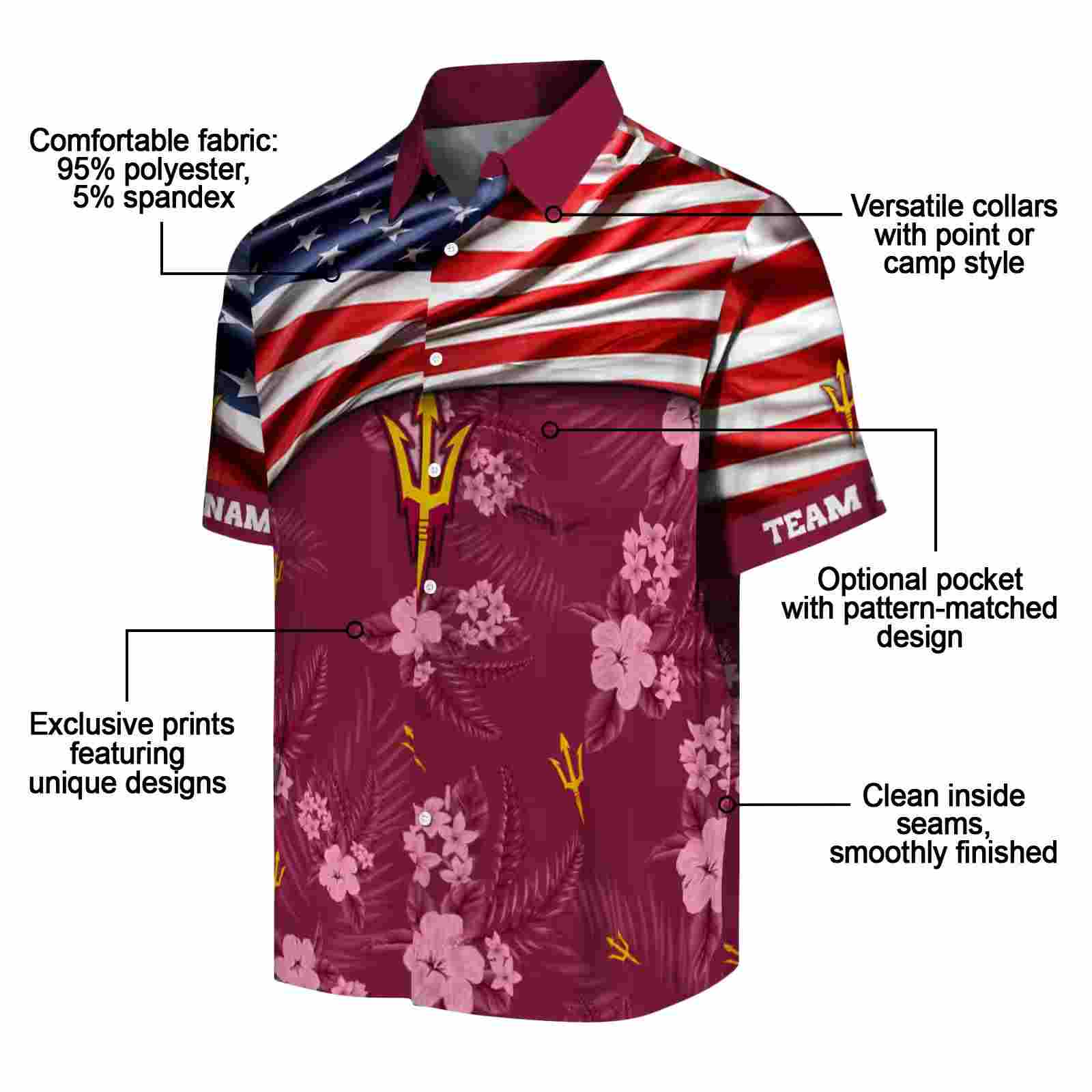 customized arizona state sun devils us flag hibiscus maroon hawaiian shirt new arrival