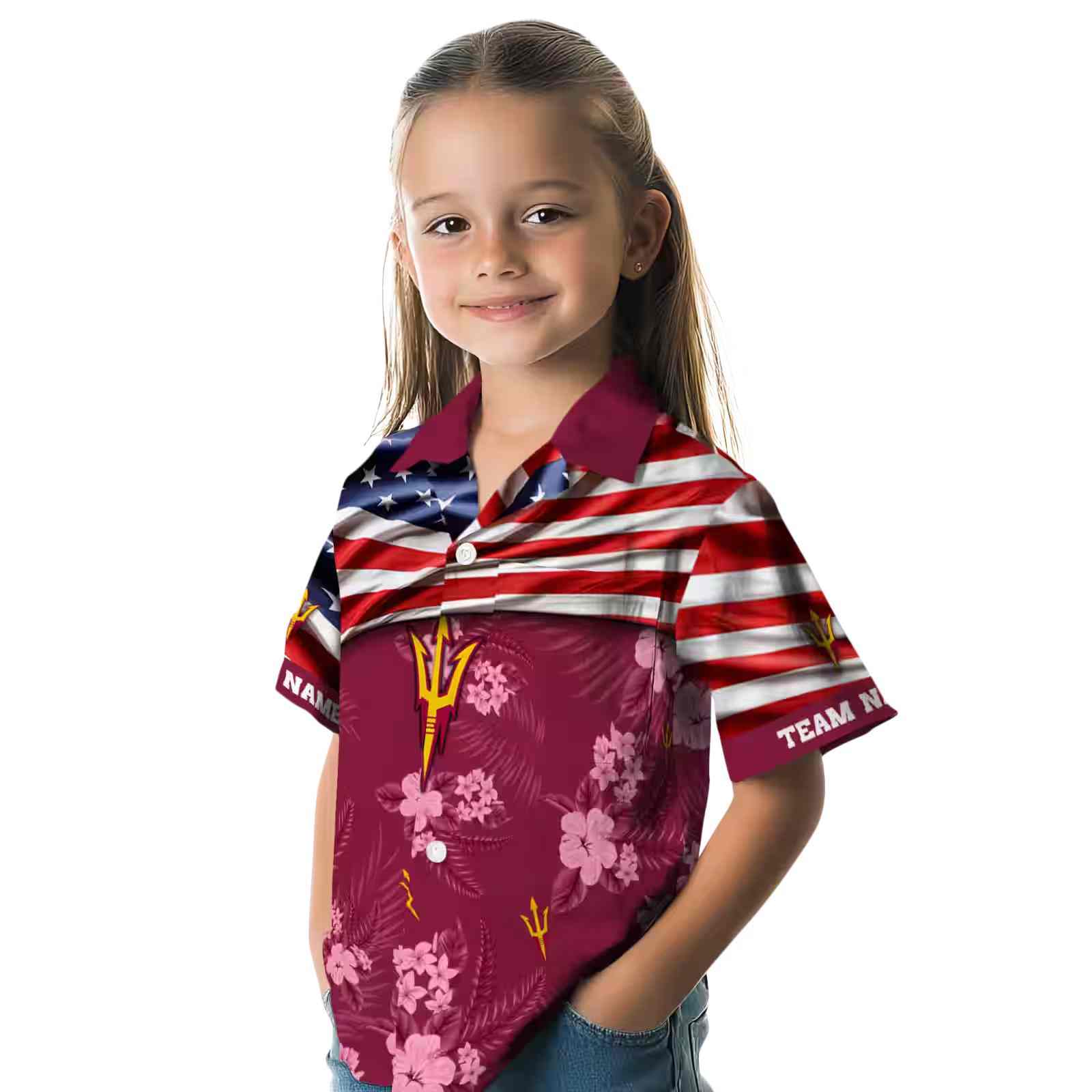 customized arizona state sun devils us flag hibiscus maroon hawaiian shirt premium grade