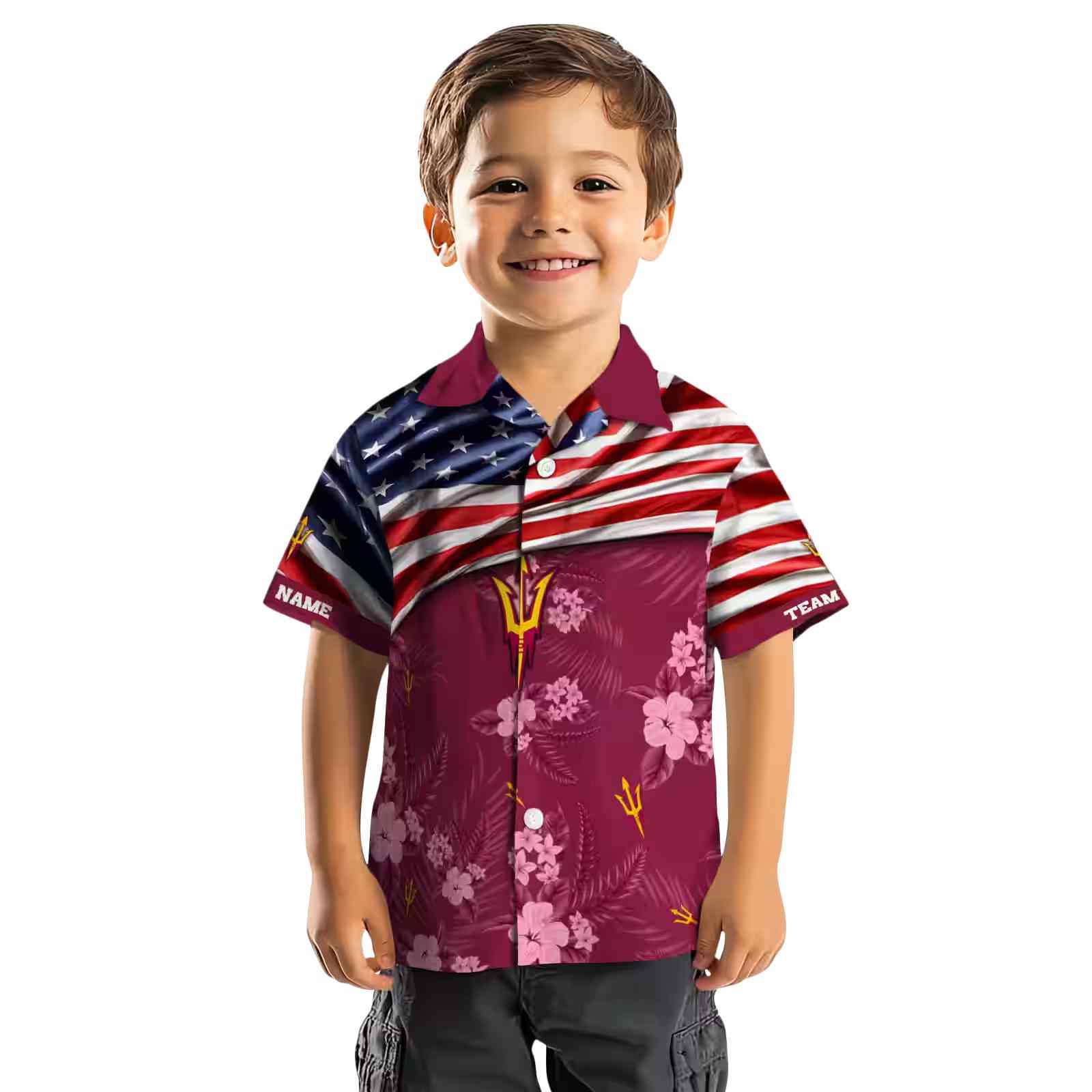 customized arizona state sun devils us flag hibiscus maroon hawaiian shirt top rated