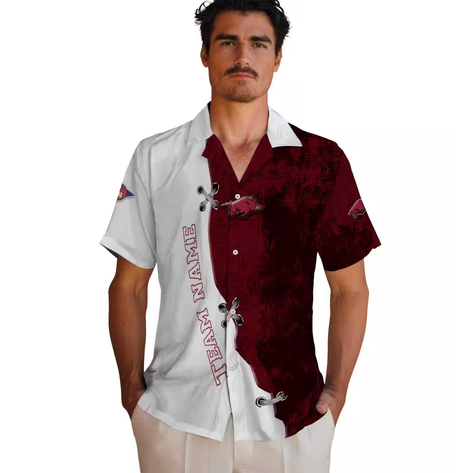 customized arkansas razorbacks edgy streaks red white hawaiian shirt fashion forward