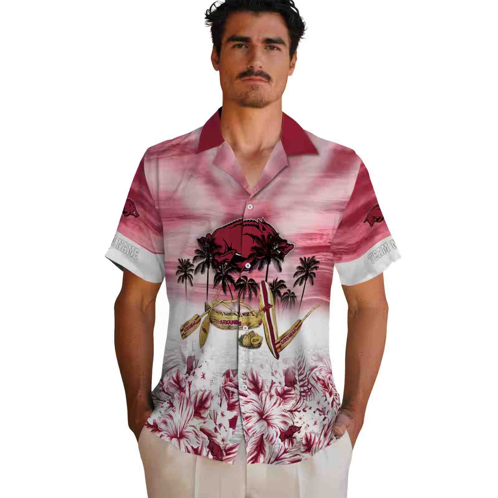 customized arkansas razorbacks tropical canoe red hawaiian shirt fashion forward