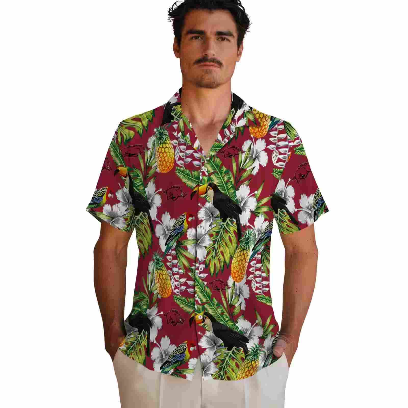 customized arkansas razorbacks tropical toucan red green hawaiian shirt fashion forward