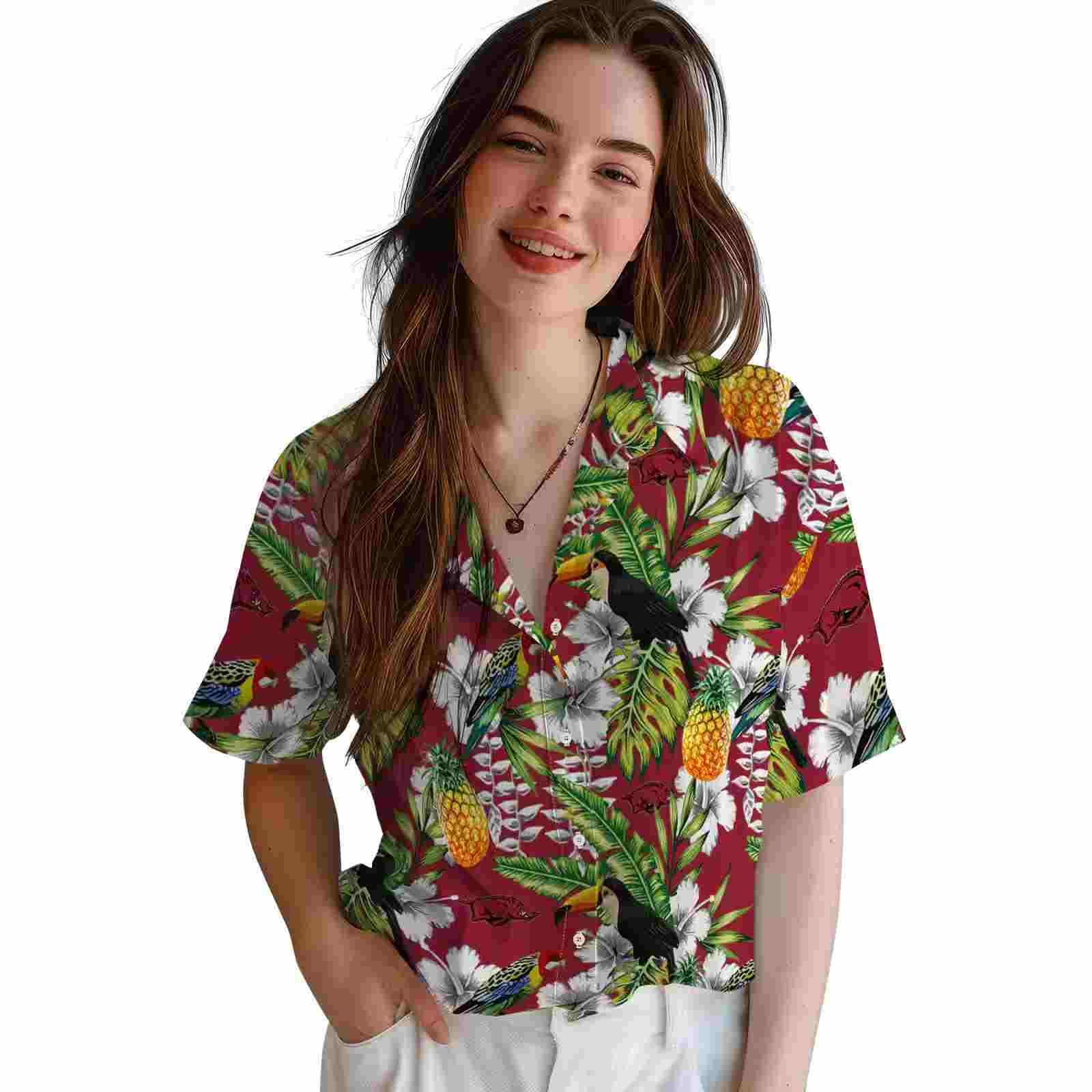 customized arkansas razorbacks tropical toucan red green hawaiian shirt latest model