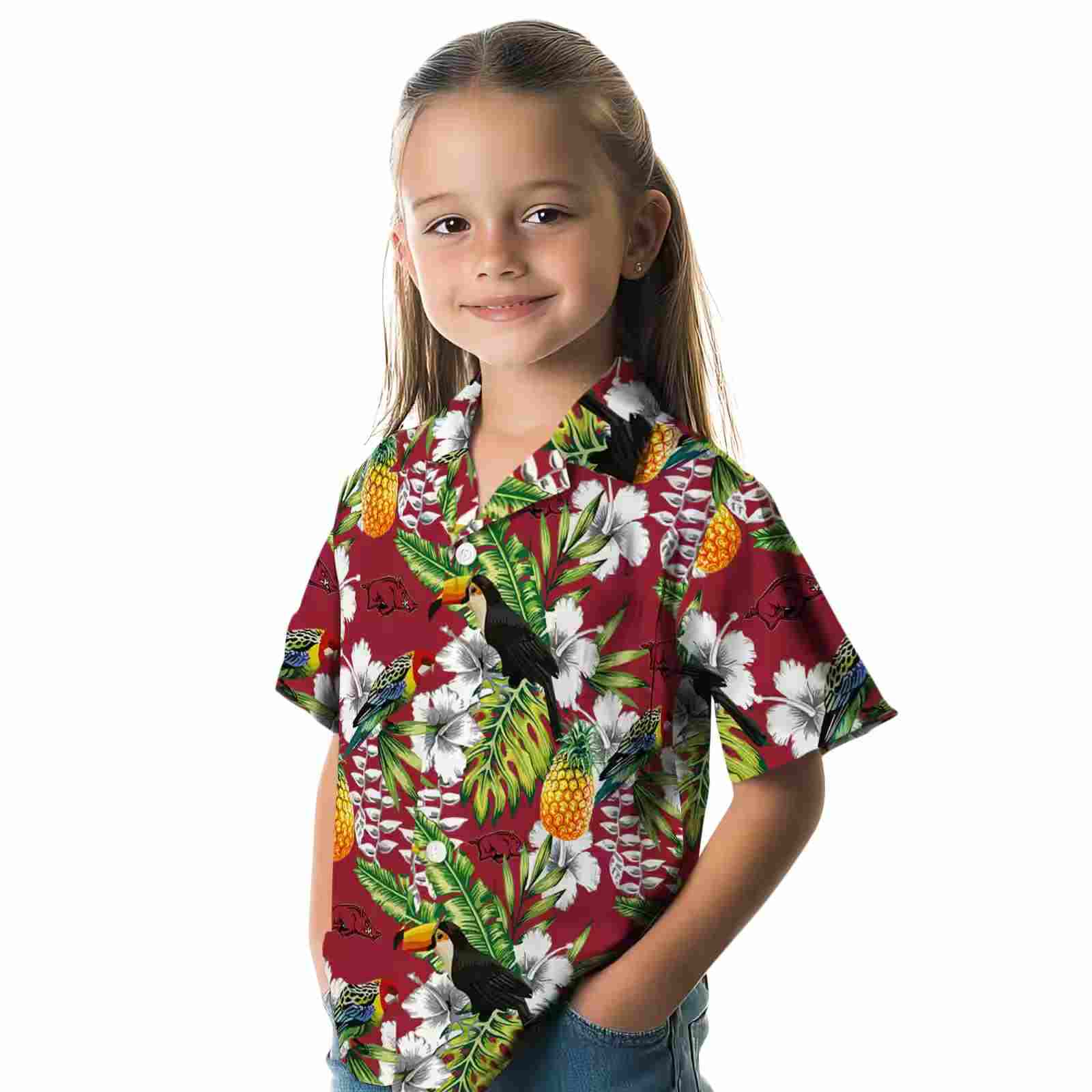 customized arkansas razorbacks tropical toucan red green hawaiian shirt premium grade