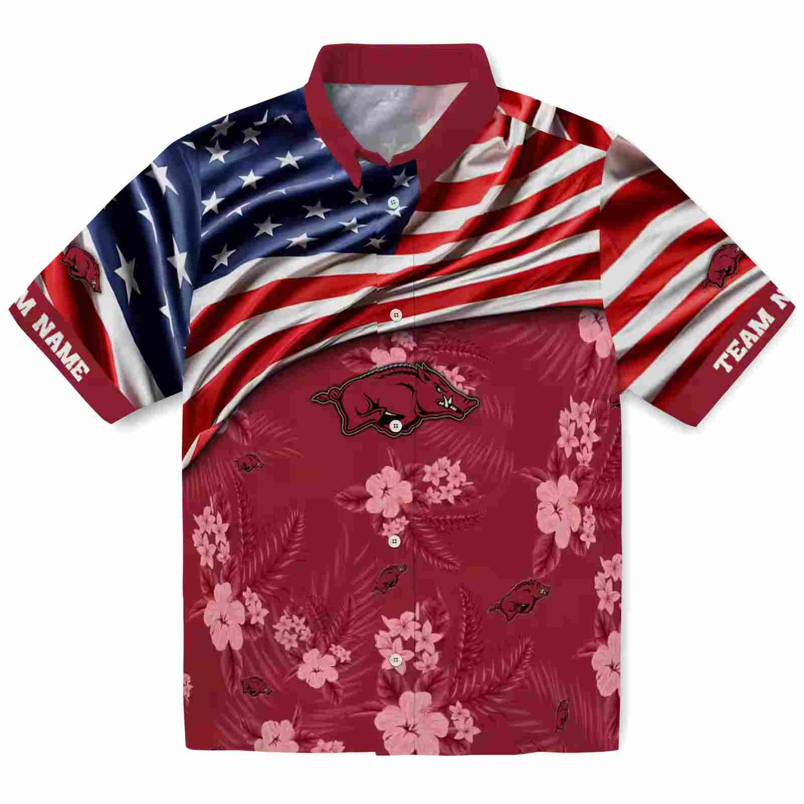 Customized Arkansas Razorbacks US Flag Hibiscus Red Hawaiian Shirt