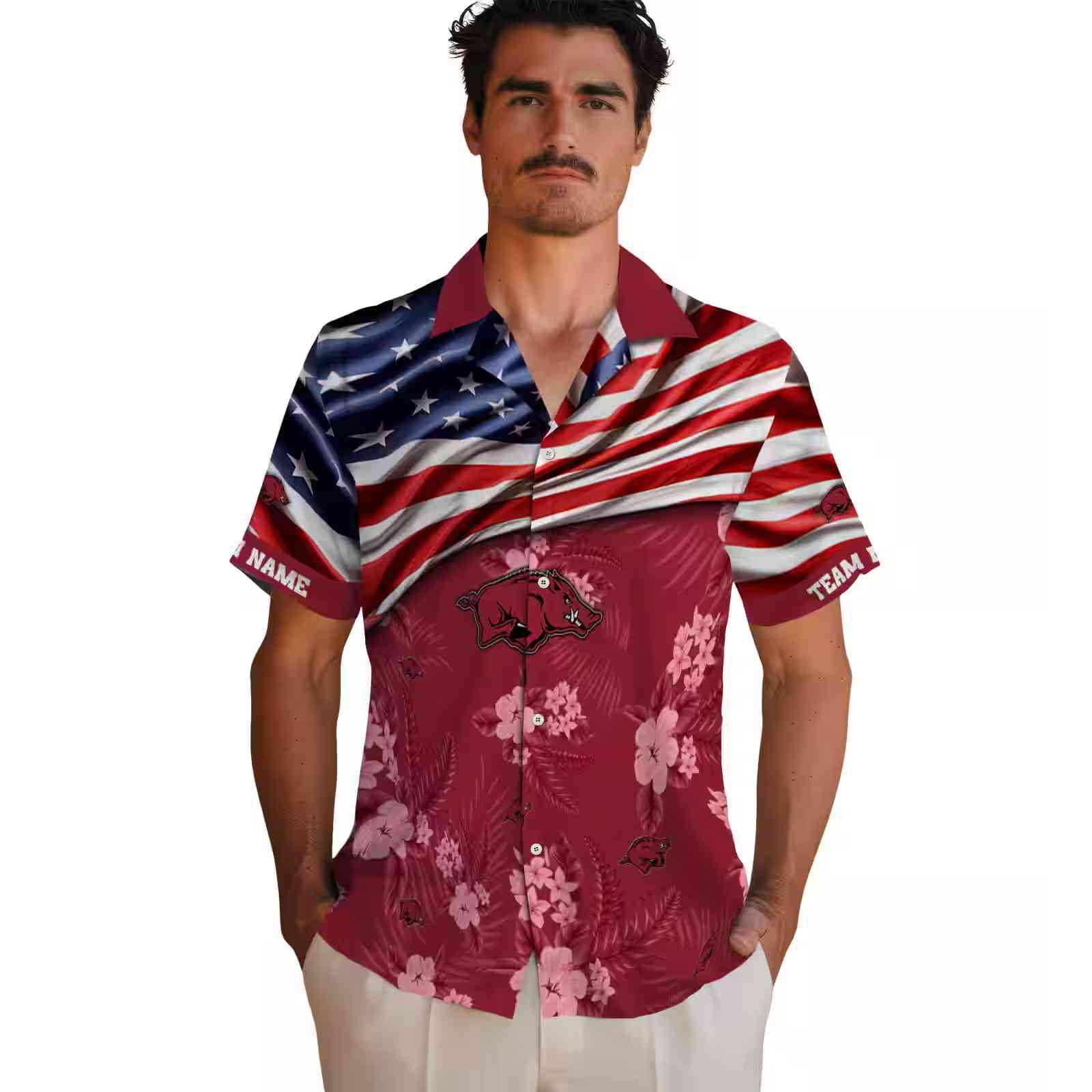 customized arkansas razorbacks us flag hibiscus red hawaiian shirt fashion forward