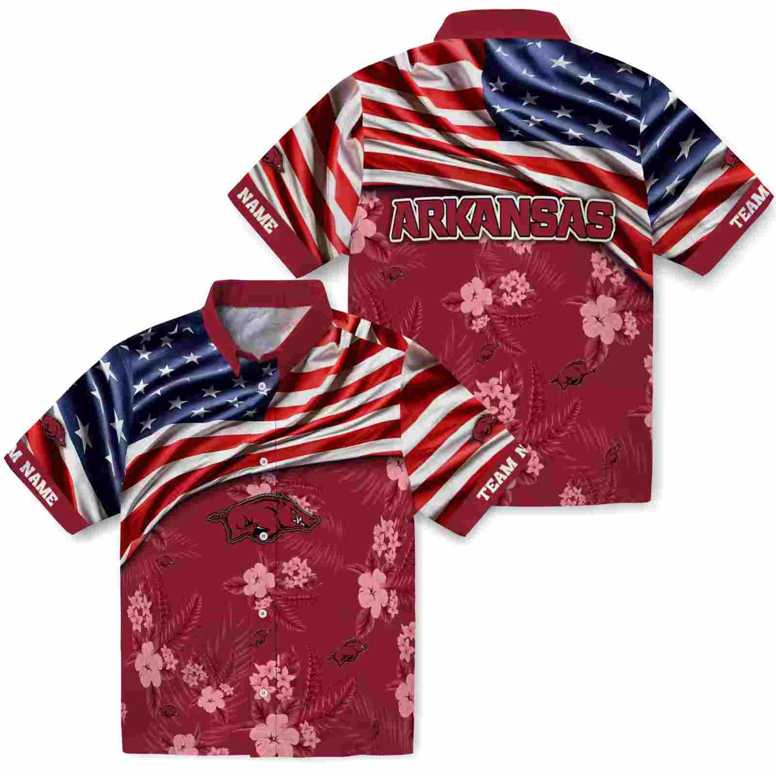 customized arkansas razorbacks us flag hibiscus red hawaiian shirt high quality