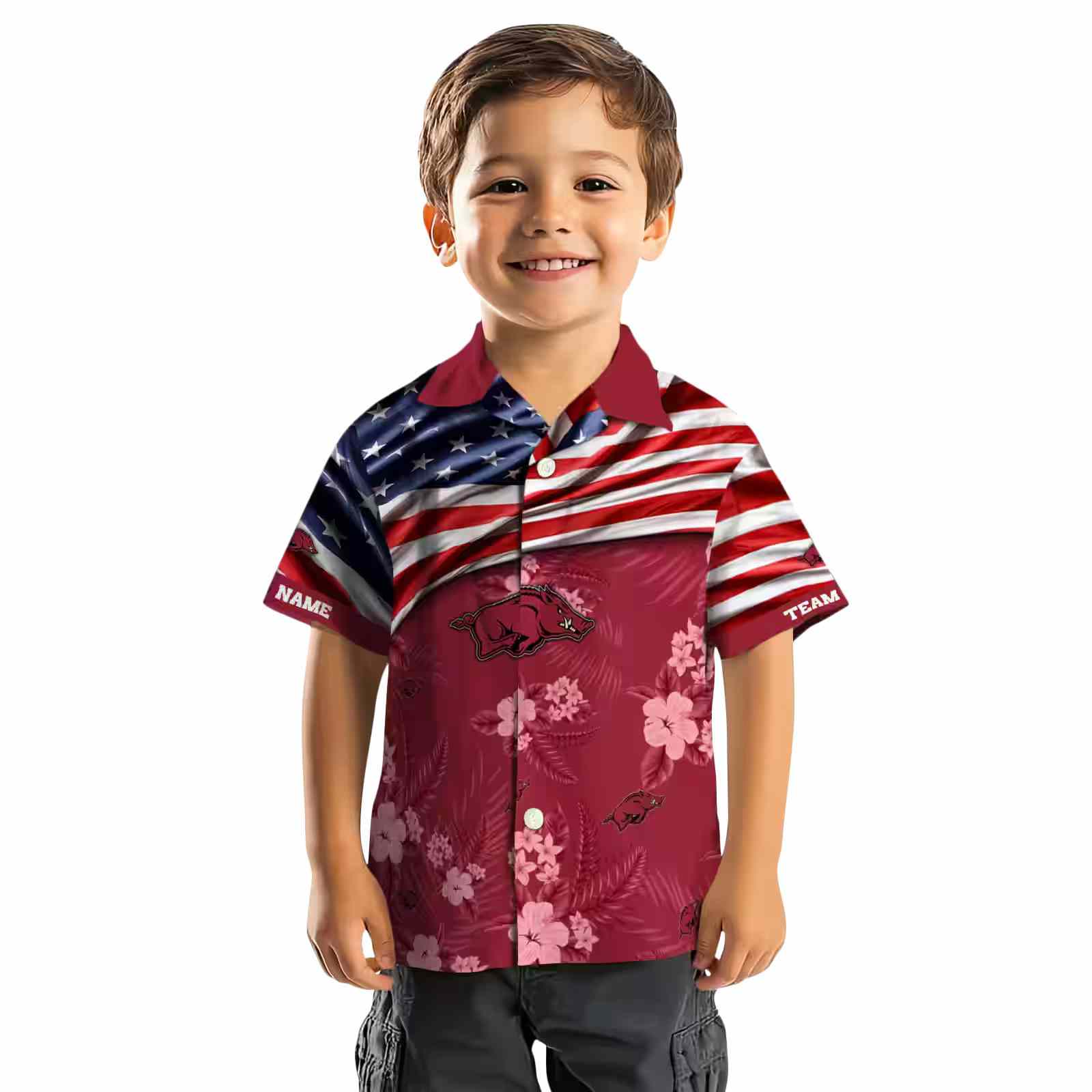 customized arkansas razorbacks us flag hibiscus red hawaiian shirt top rated