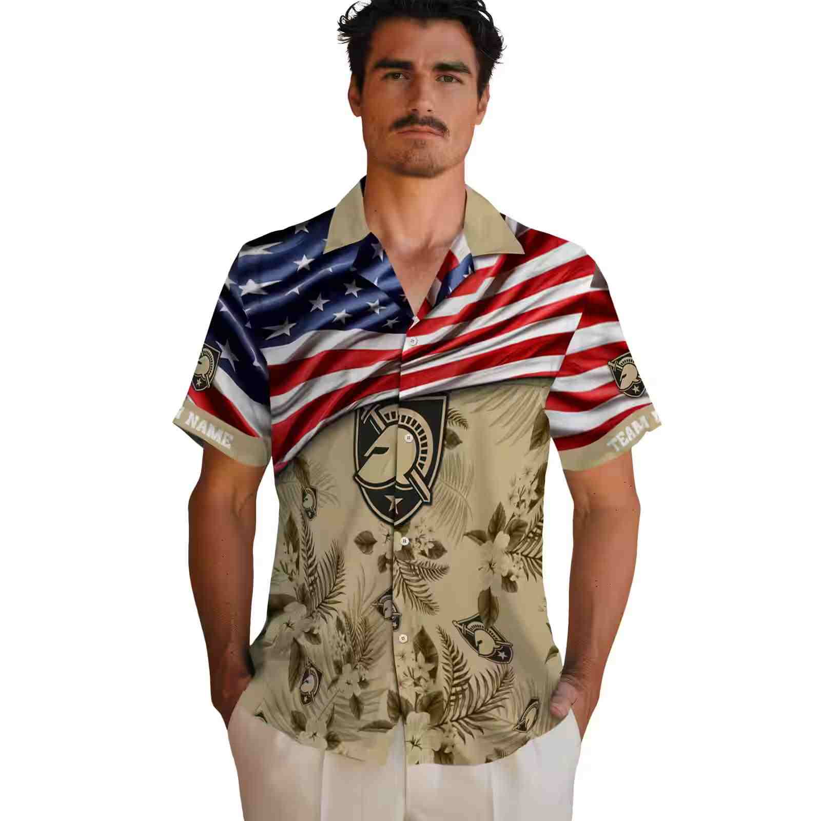 customized army black knights us flag hibiscus gold hawaiian shirt fashion forward