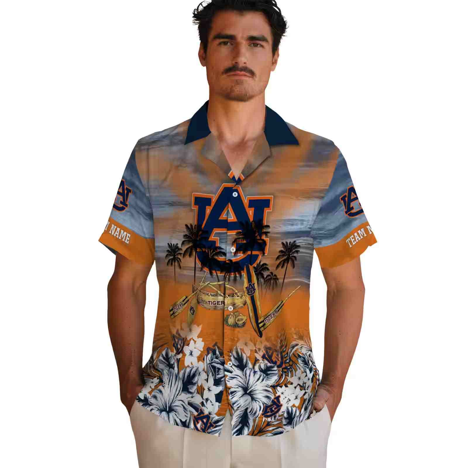 customized auburn tigers tropical canoe navy blue hawaiian shirt fashion forward