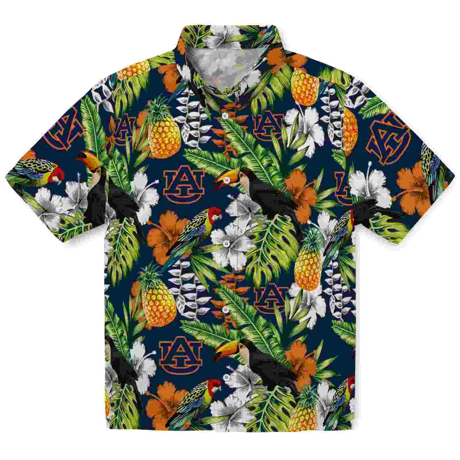 Customized Auburn Tigers Tropical Toucan Navy Blue Green Hawaiian Shirt