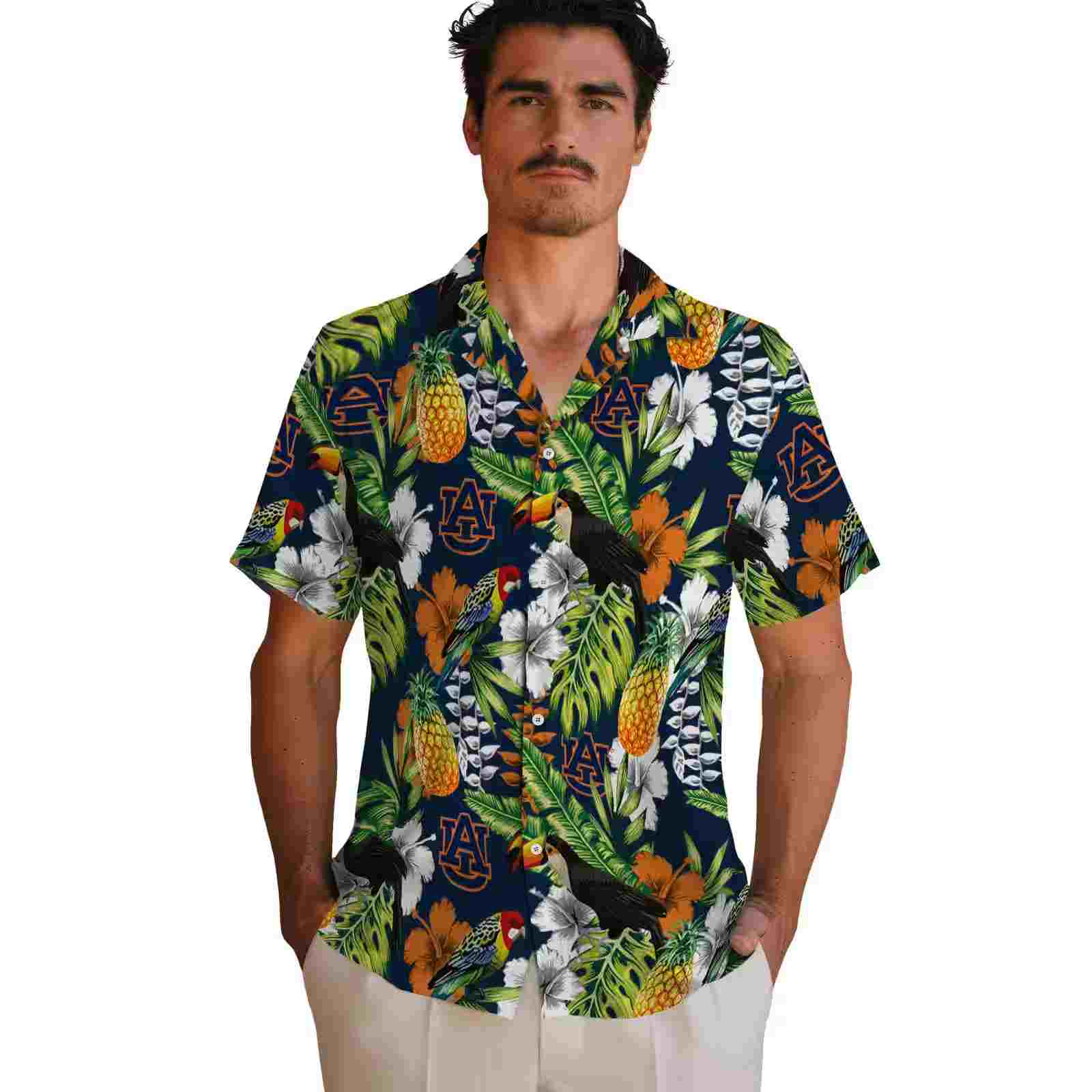 customized auburn tigers tropical toucan navy blue green hawaiian shirt fashion forward