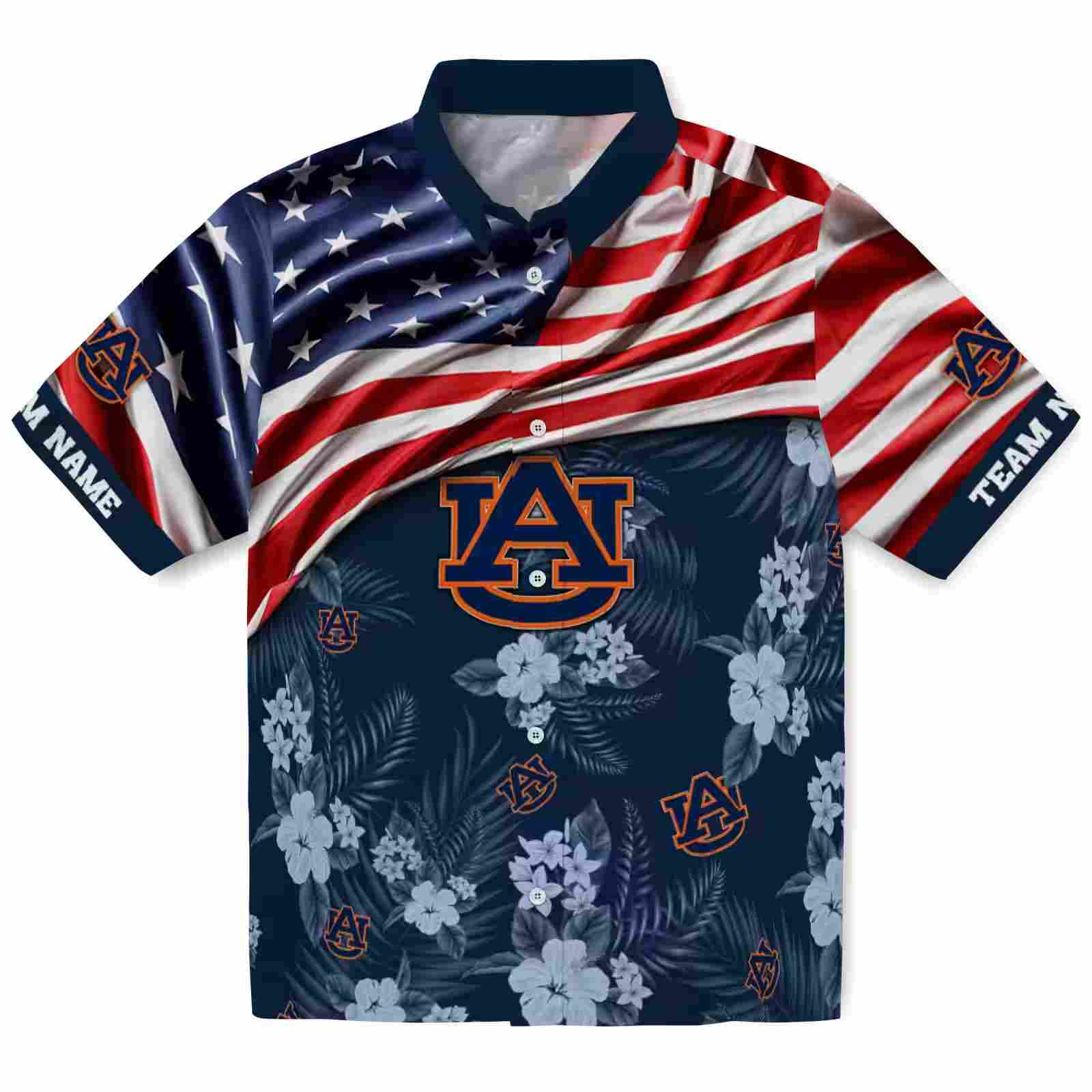 Customized Auburn Tigers US Flag Hibiscus Navy Blue Hawaiian Shirt