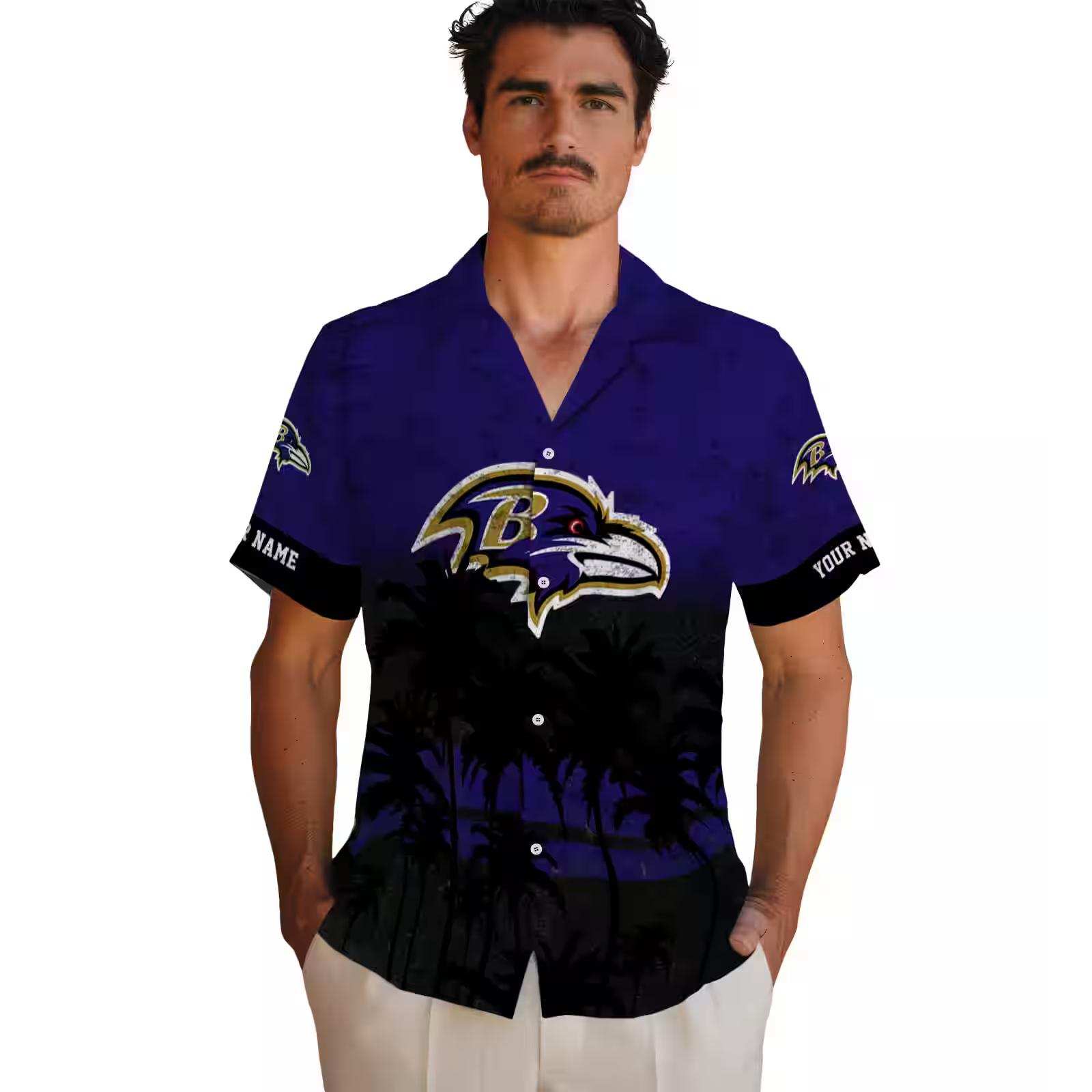 customized baltimore ravens sunset pattern purple black hawaiian shirt fashion forward