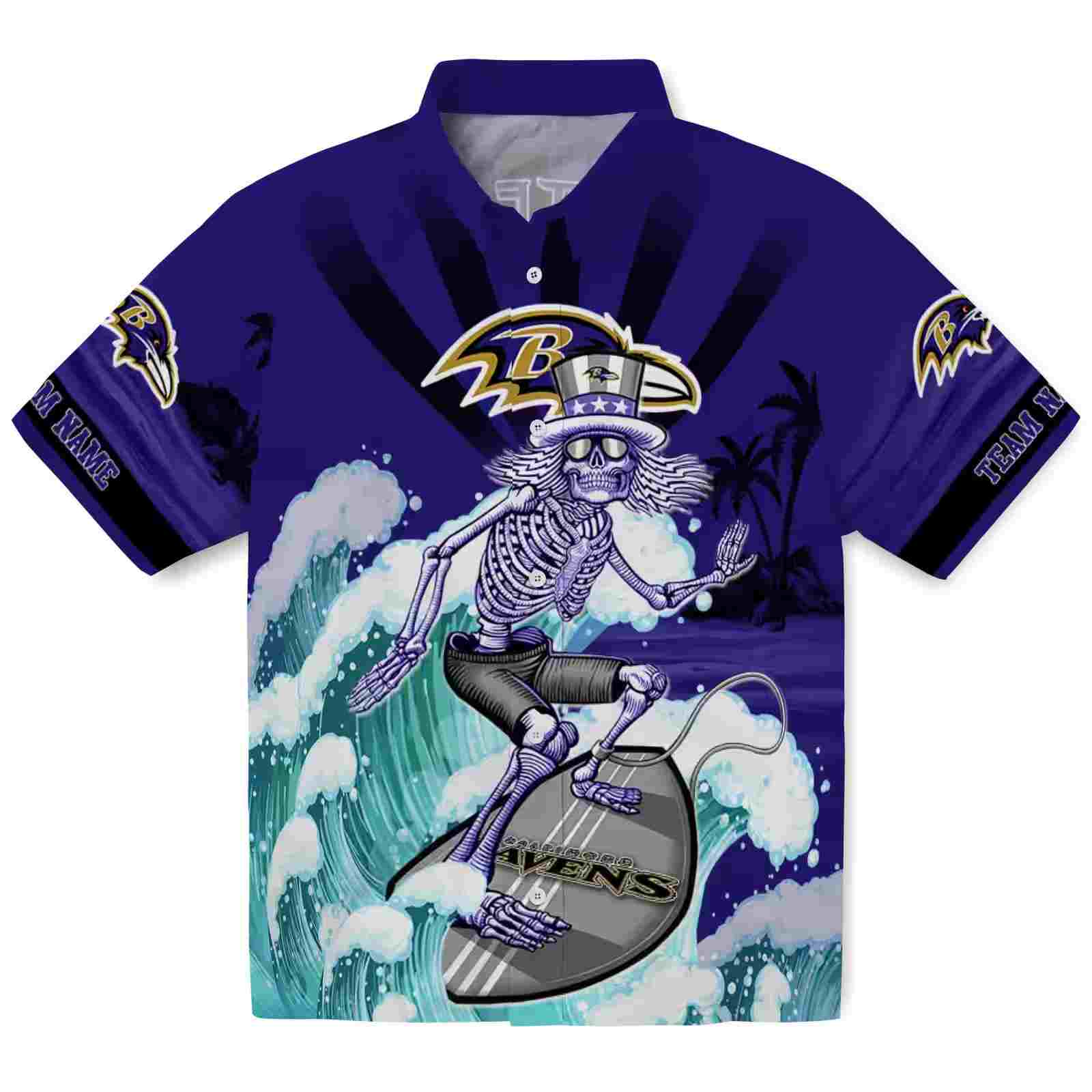 Customized Baltimore Ravens Surfing Skeleton Purple Blue Hawaiian Shirt