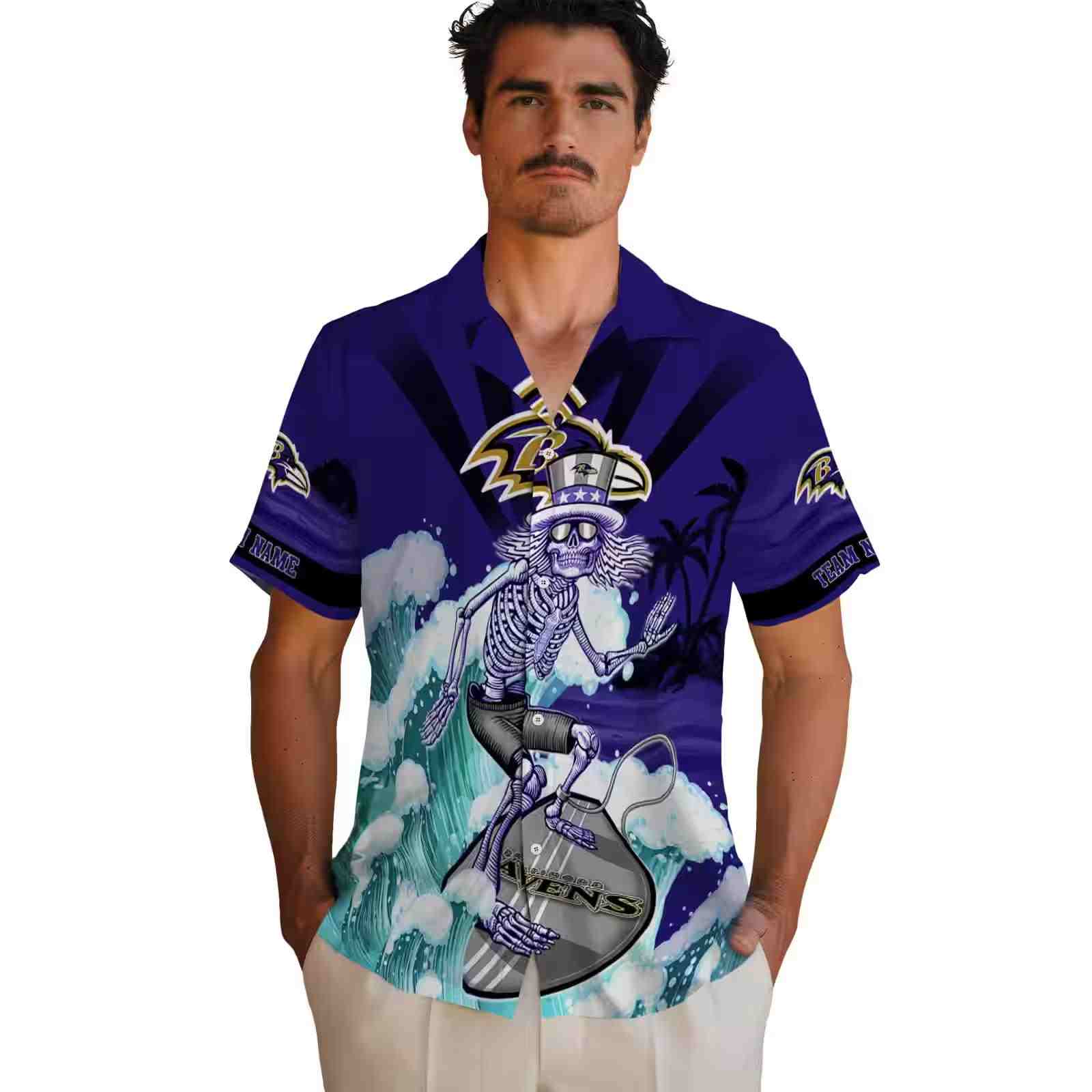 customized baltimore ravens surfing skeleton purple blue hawaiian shirt fashion forward