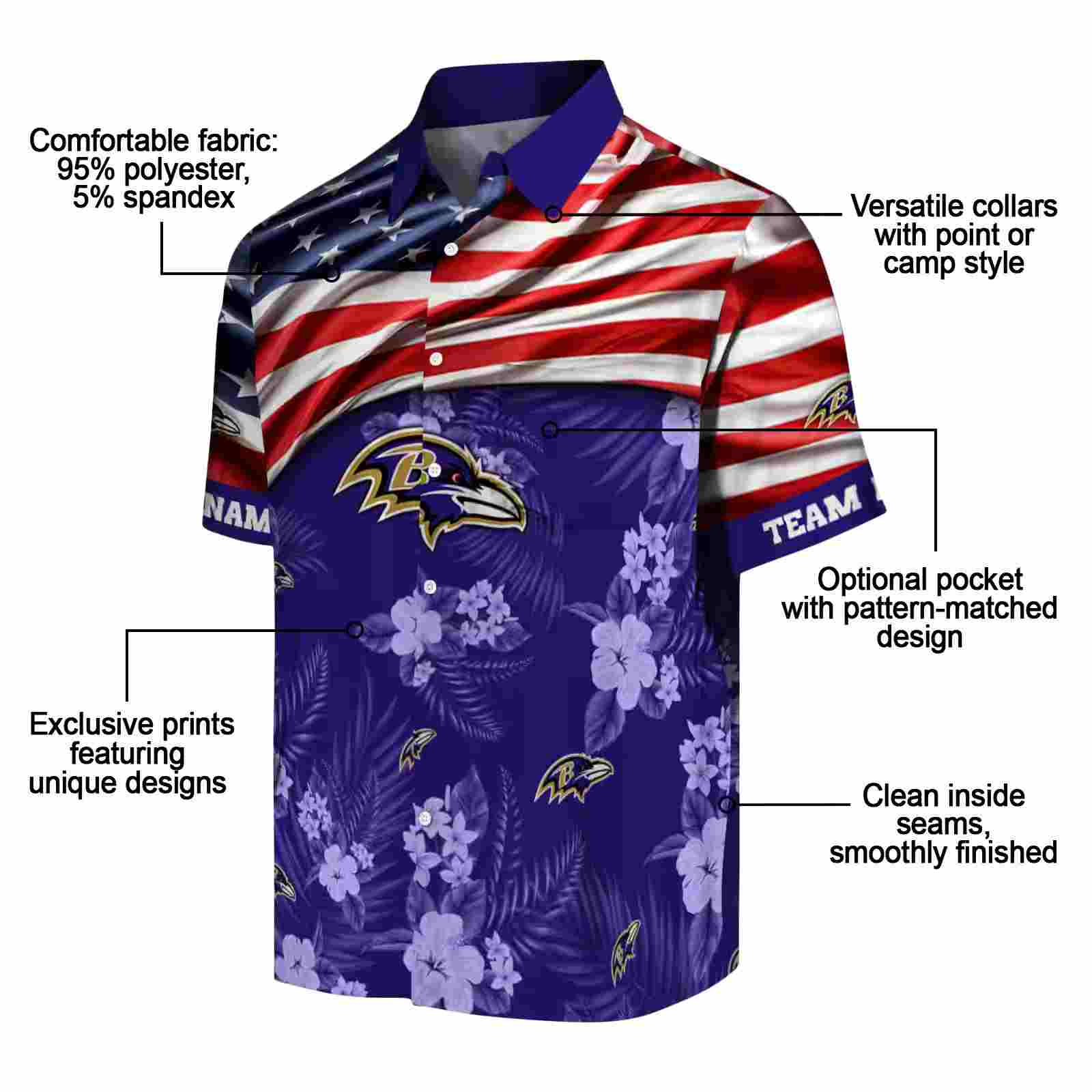 customized baltimore ravens us flag hibiscus purple hawaiian shirt new arrival