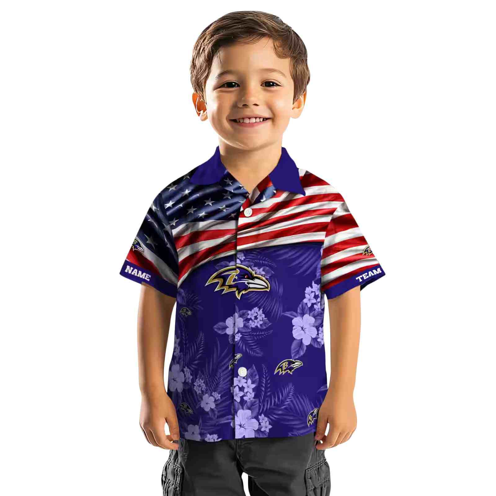 customized baltimore ravens us flag hibiscus purple hawaiian shirt top rated