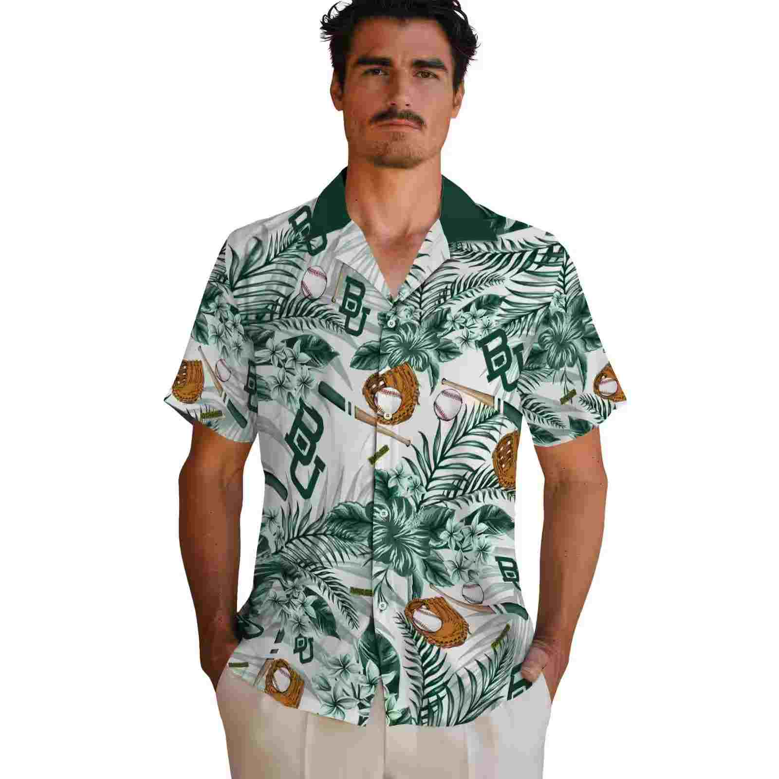 customized baylor bears floral baseball green white hawaiian shirt fashion forward