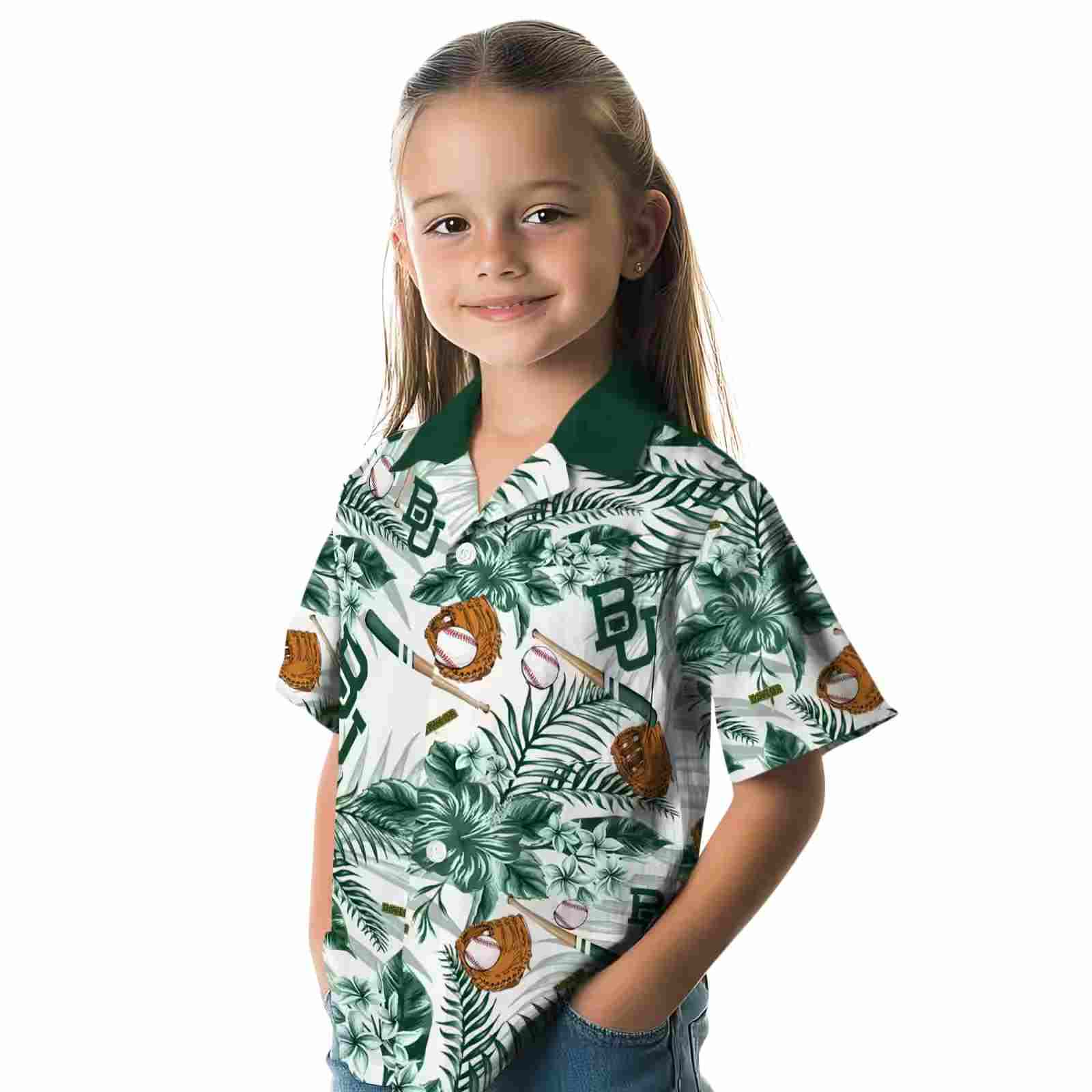 customized baylor bears floral baseball green white hawaiian shirt premium grade