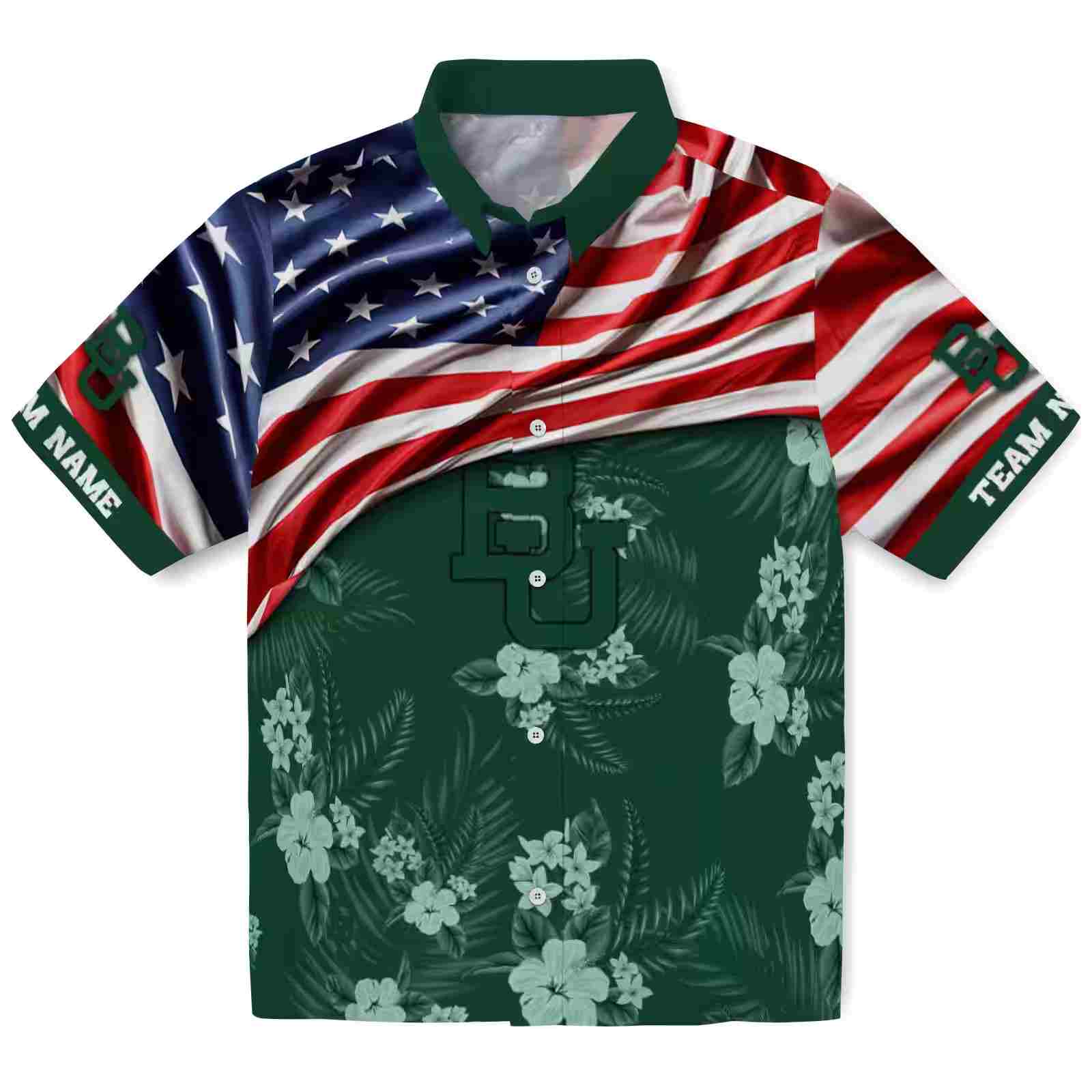 Customized Baylor Bears US Flag Hibiscus Green Hawaiian Shirt