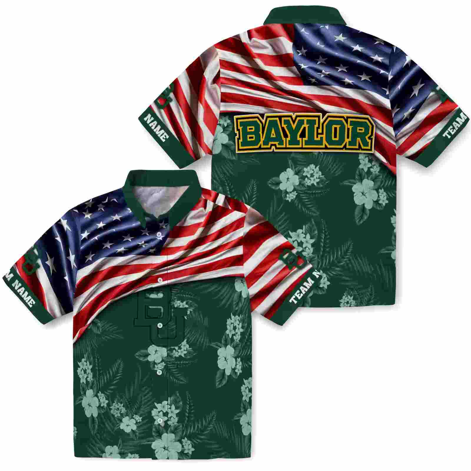 customized baylor bears us flag hibiscus green hawaiian shirt high quality