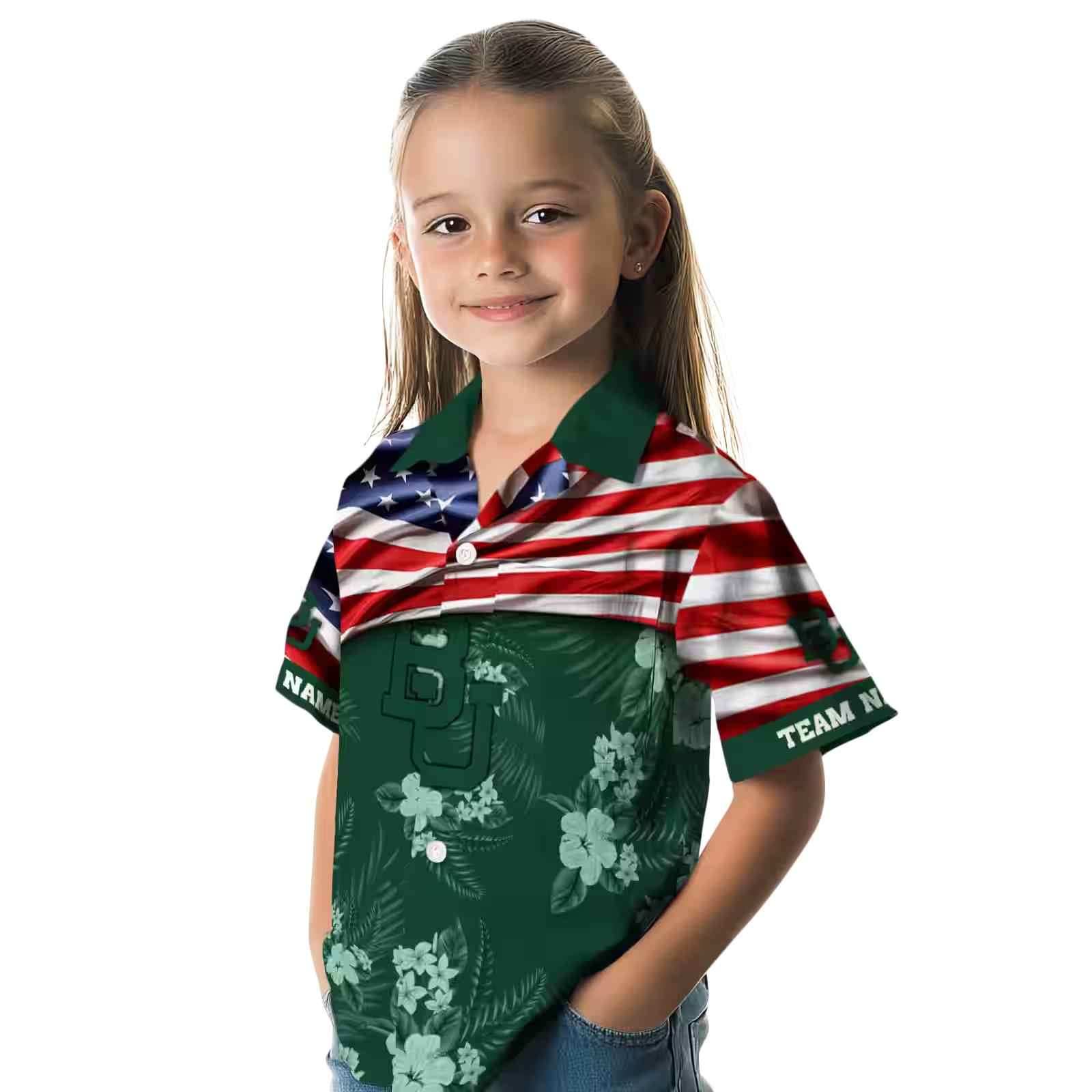 customized baylor bears us flag hibiscus green hawaiian shirt premium grade