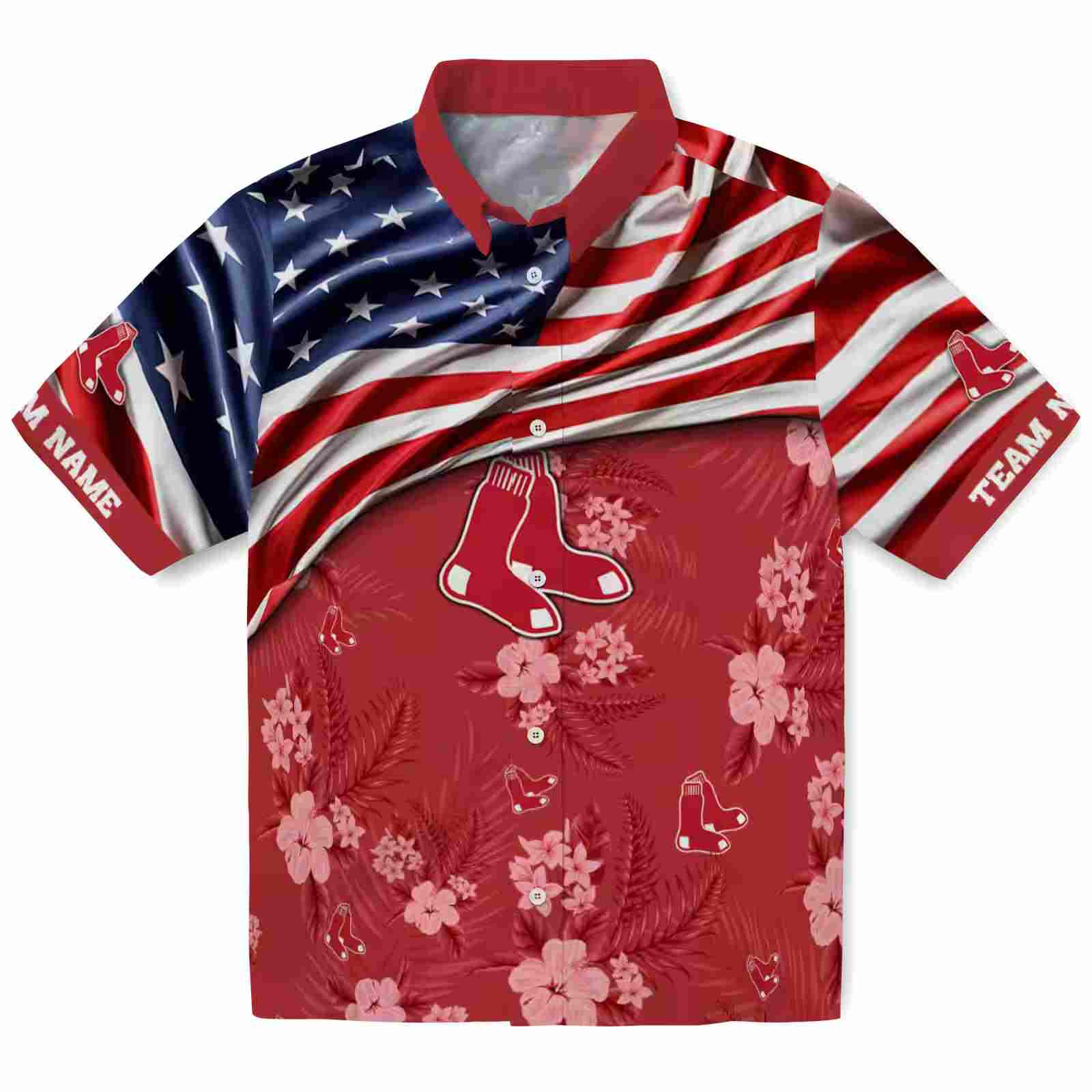 Customized Boston Red Sox US Flag Hibiscus Red Hawaiian Shirt