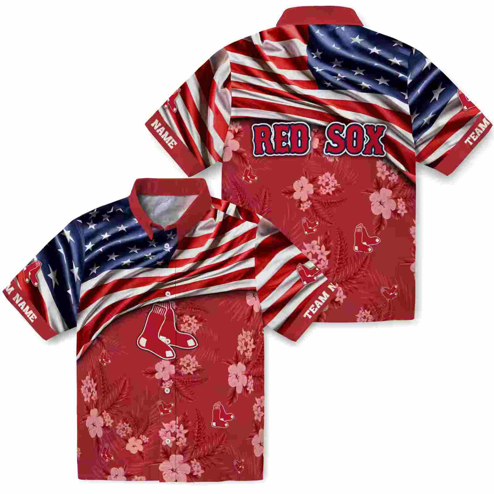 customized boston red sox us flag hibiscus red hawaiian shirt high quality