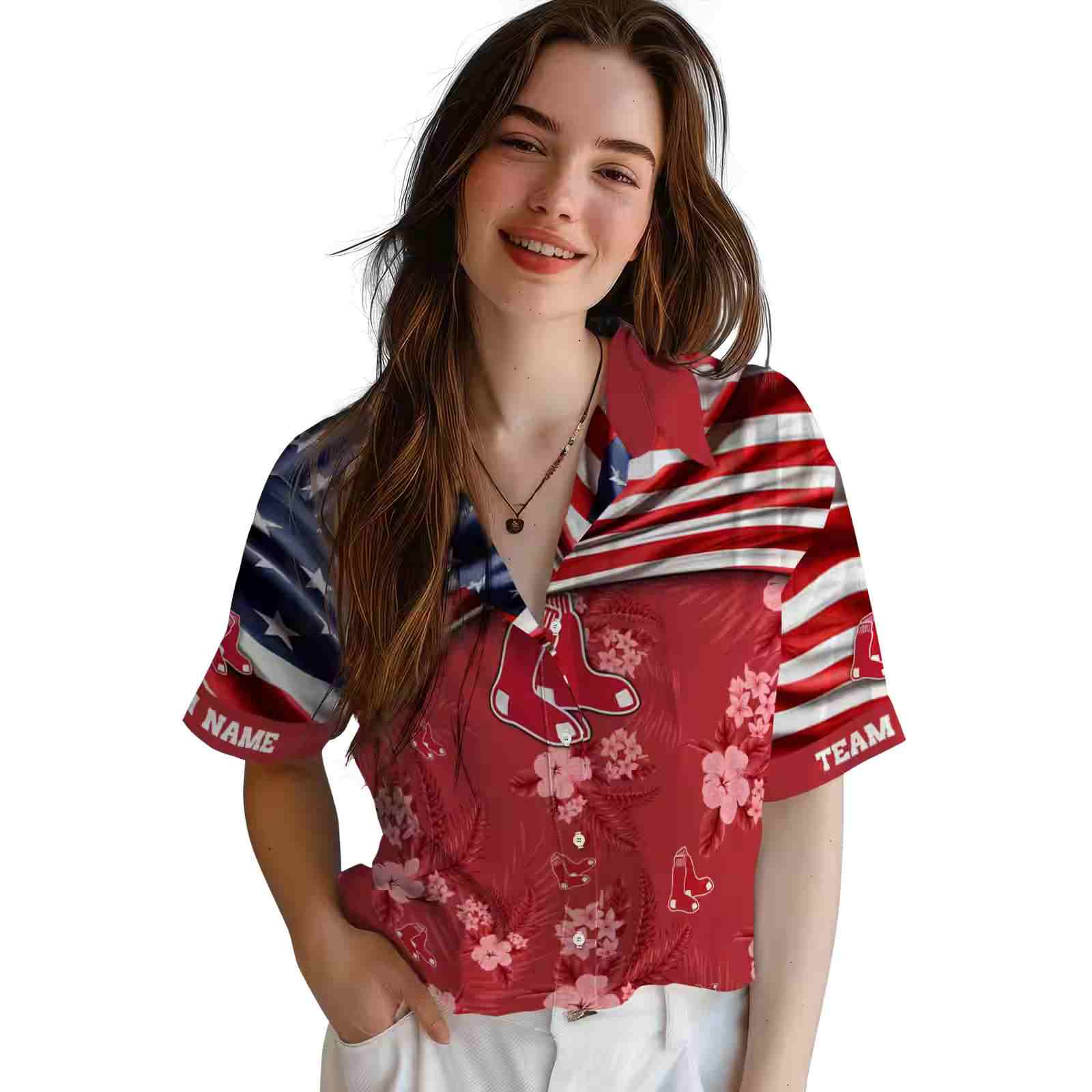 customized boston red sox us flag hibiscus red hawaiian shirt latest model