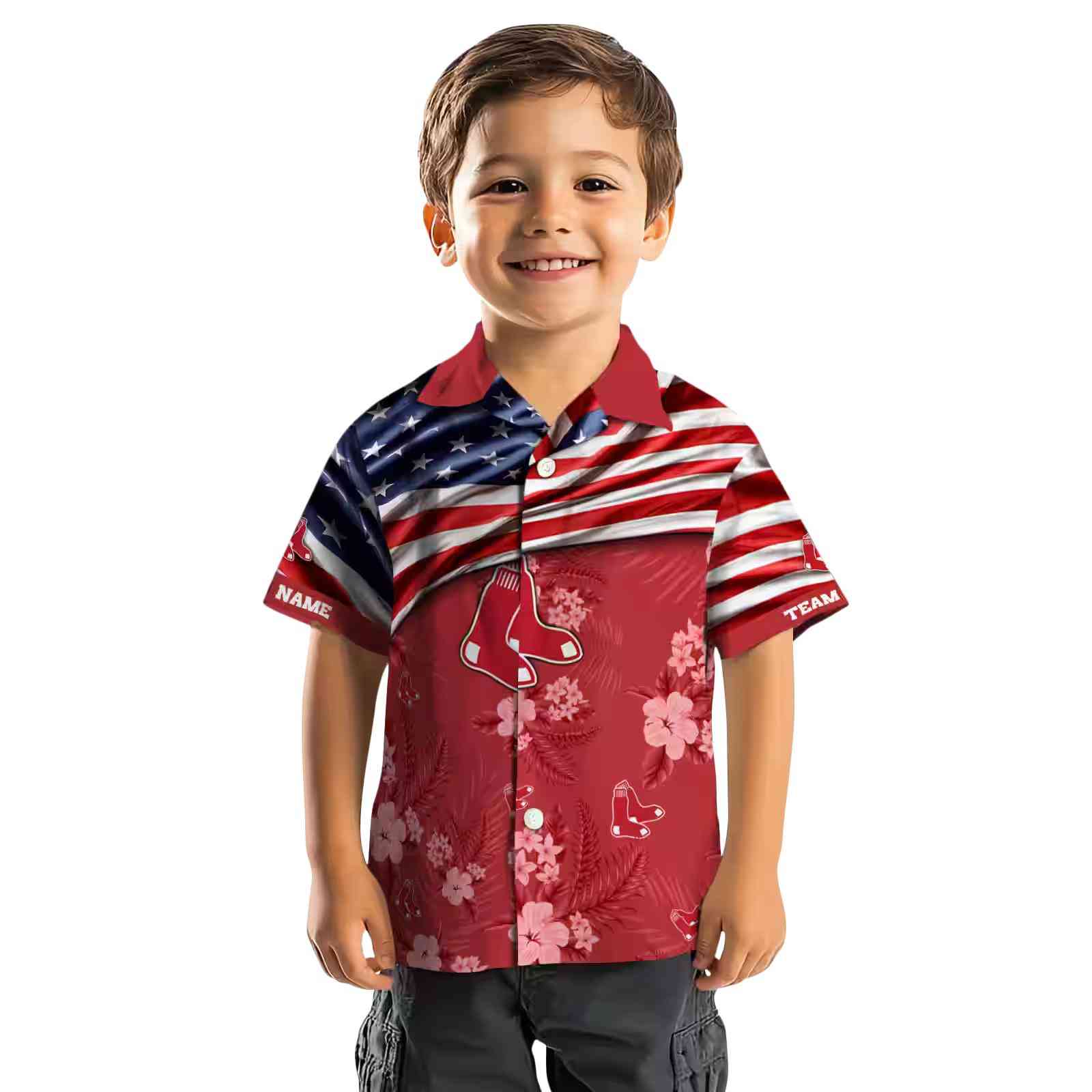 customized boston red sox us flag hibiscus red hawaiian shirt top rated