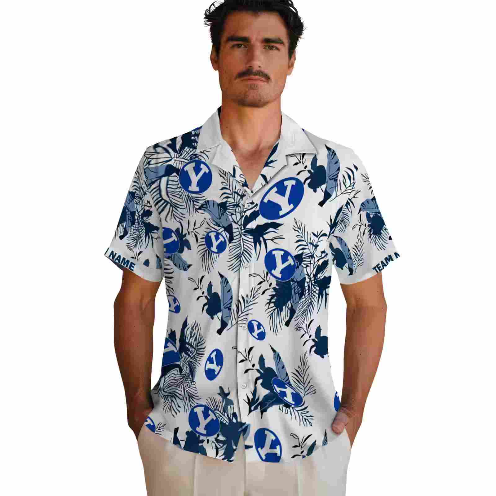 customized byu cougars botanical theme blue white hawaiian shirt fashion forward