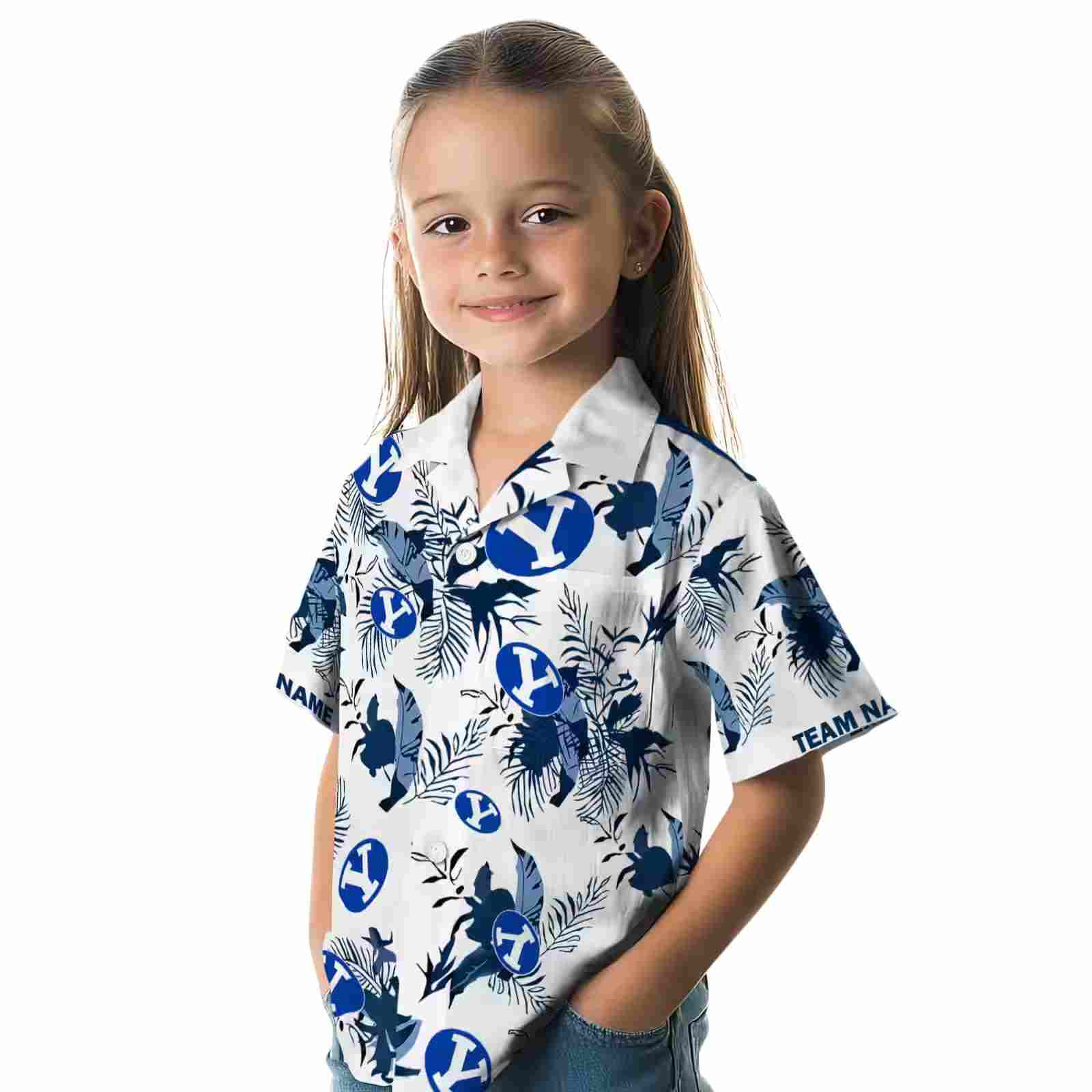 customized byu cougars botanical theme blue white hawaiian shirt premium grade