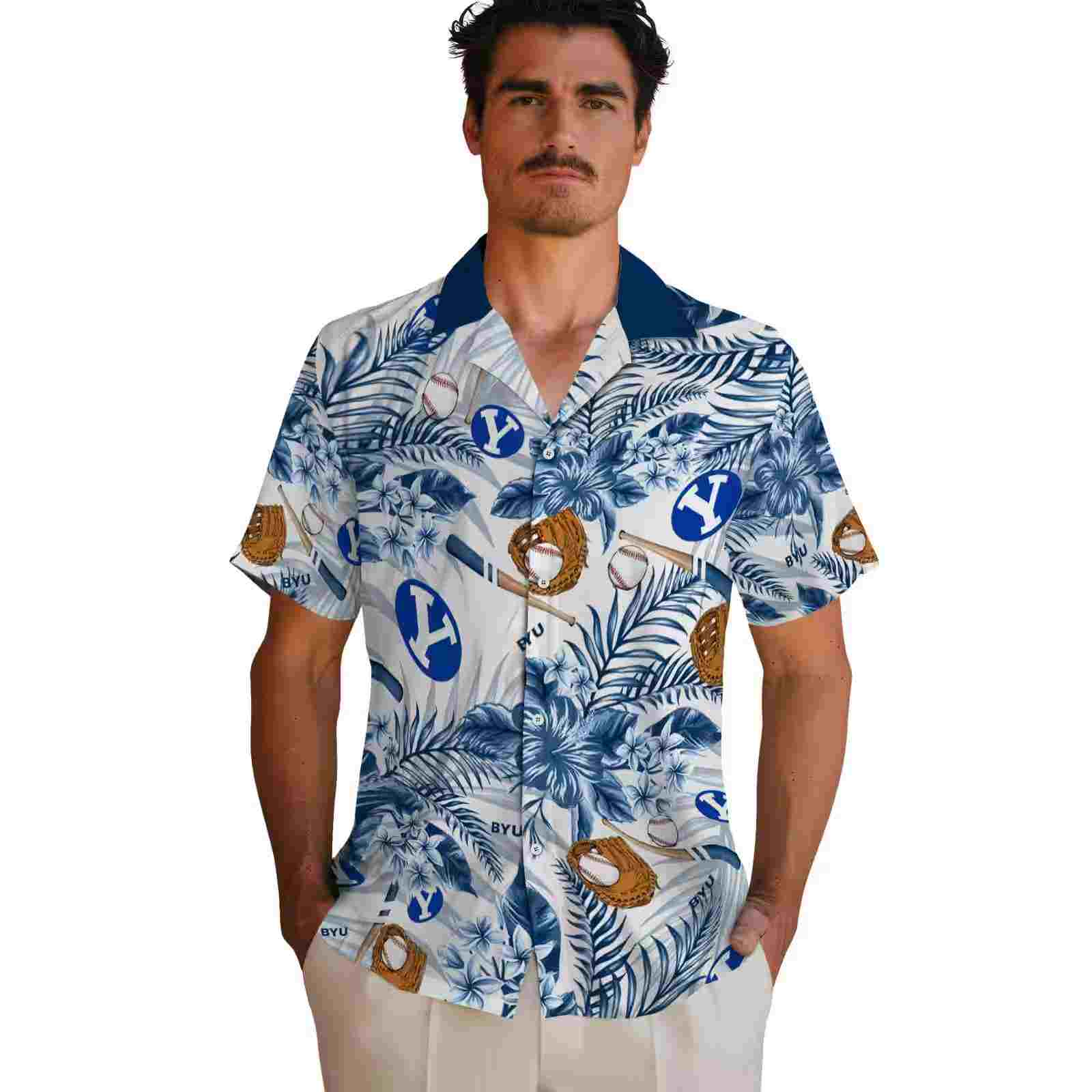 customized byu cougars floral baseball blue white hawaiian shirt fashion forward