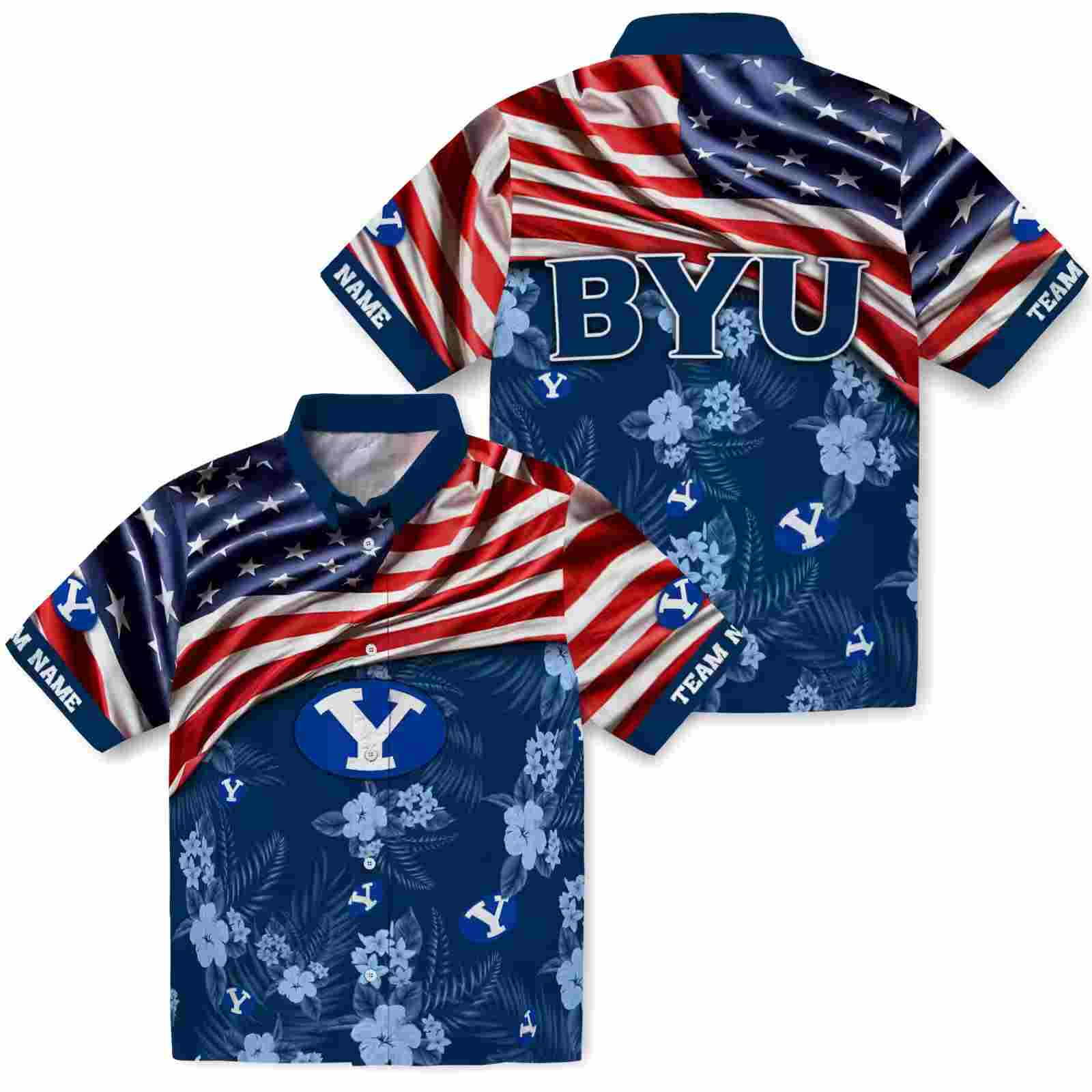 customized byu cougars us flag hibiscus blue hawaiian shirt high quality