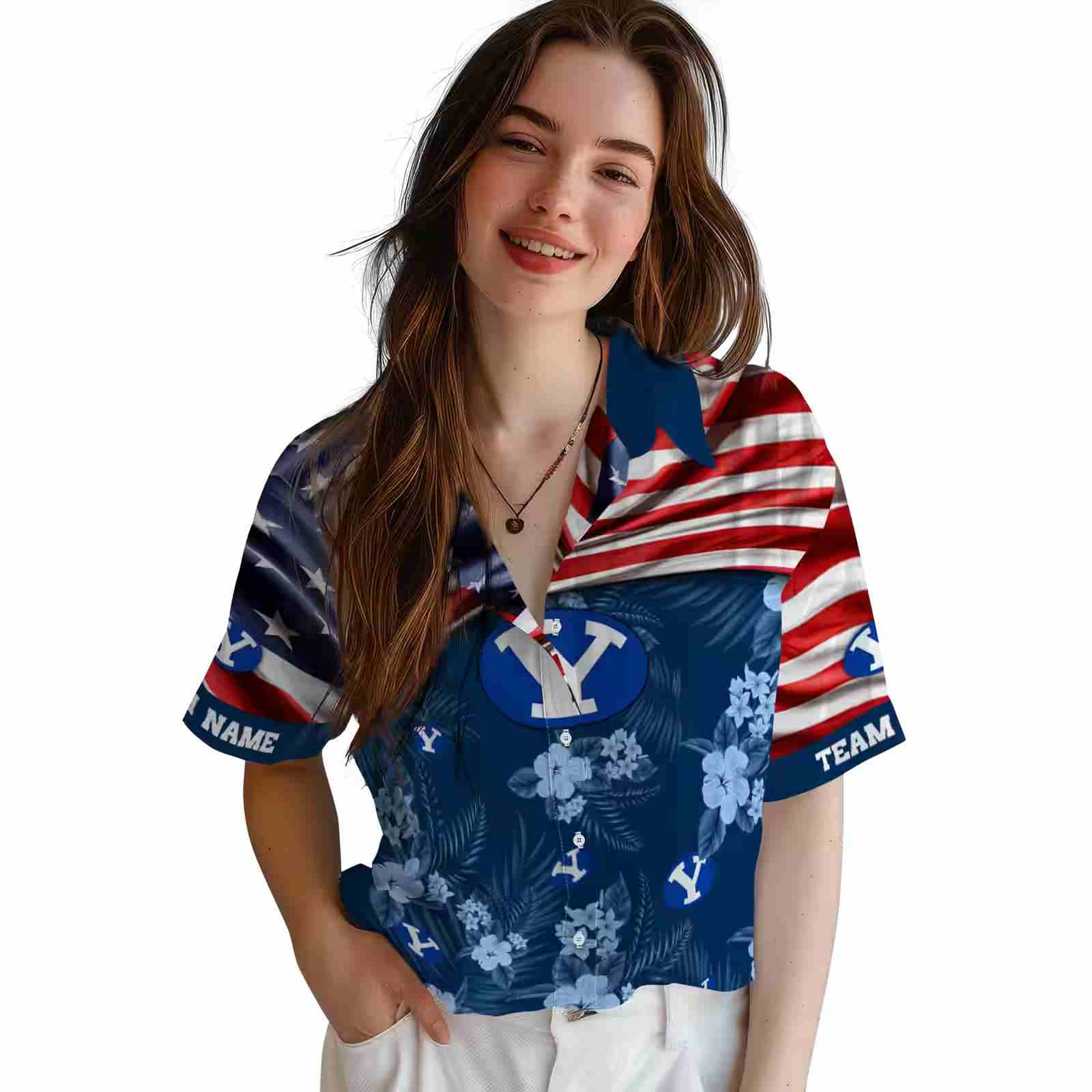 customized byu cougars us flag hibiscus blue hawaiian shirt latest model