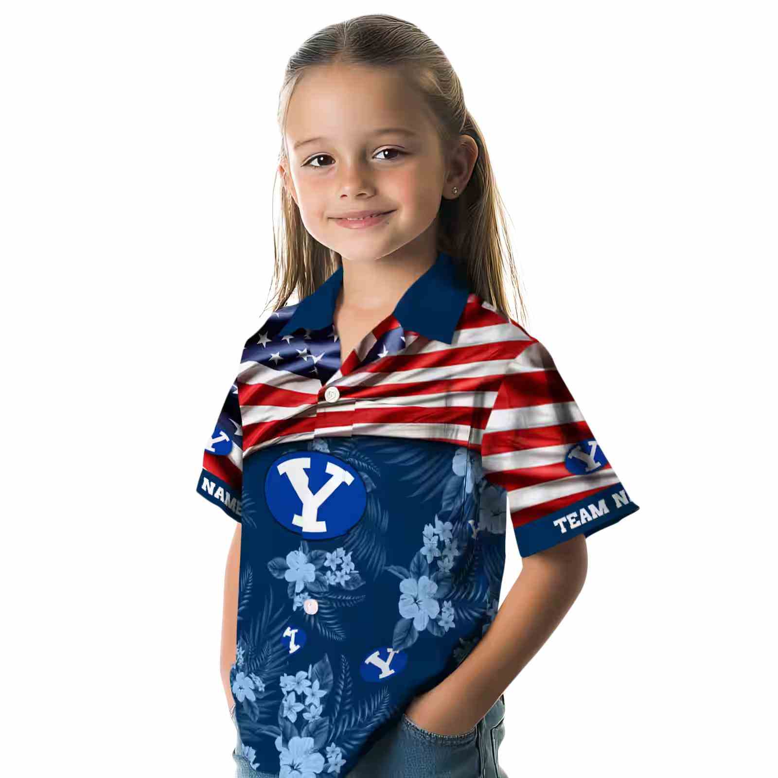 customized byu cougars us flag hibiscus blue hawaiian shirt premium grade