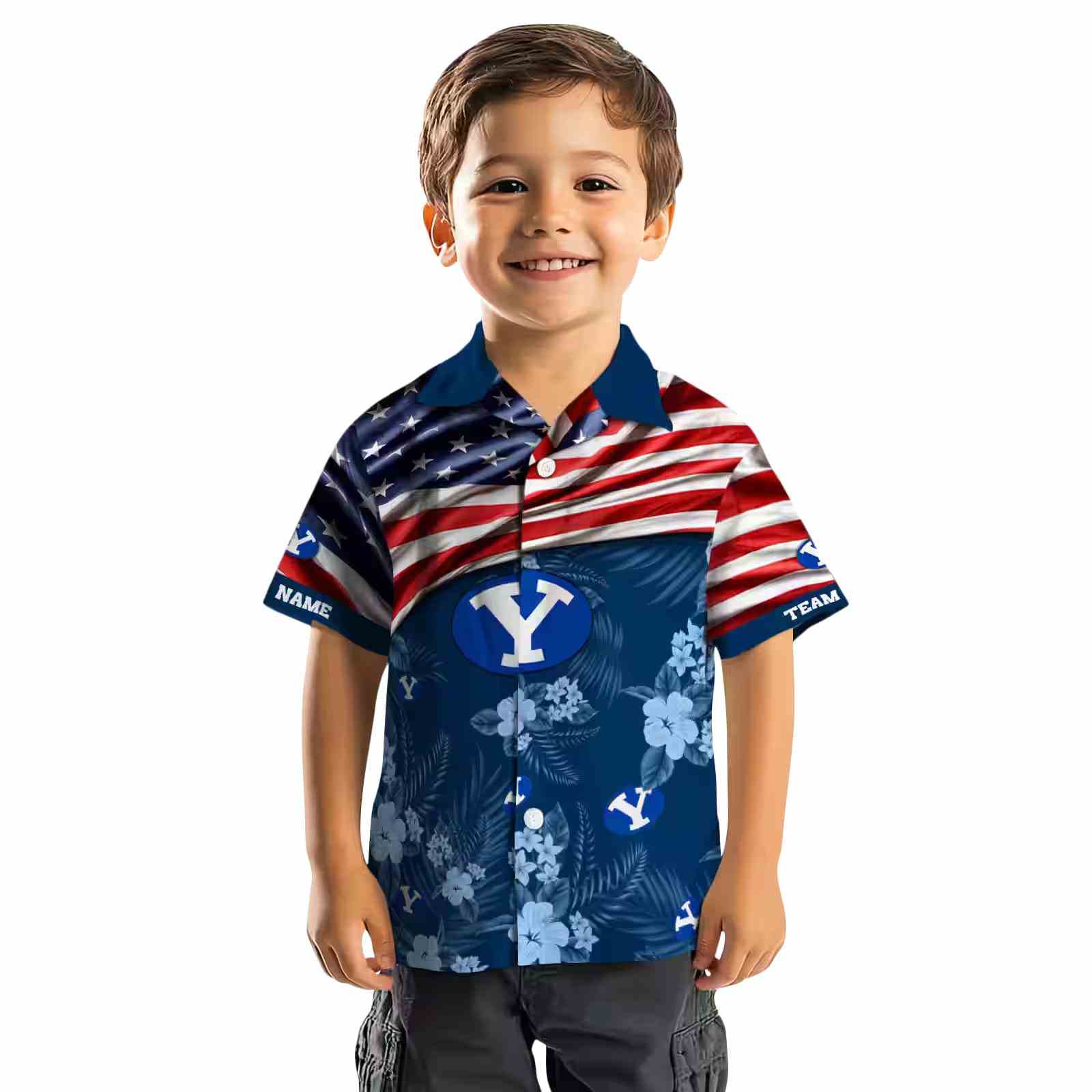 customized byu cougars us flag hibiscus blue hawaiian shirt top rated