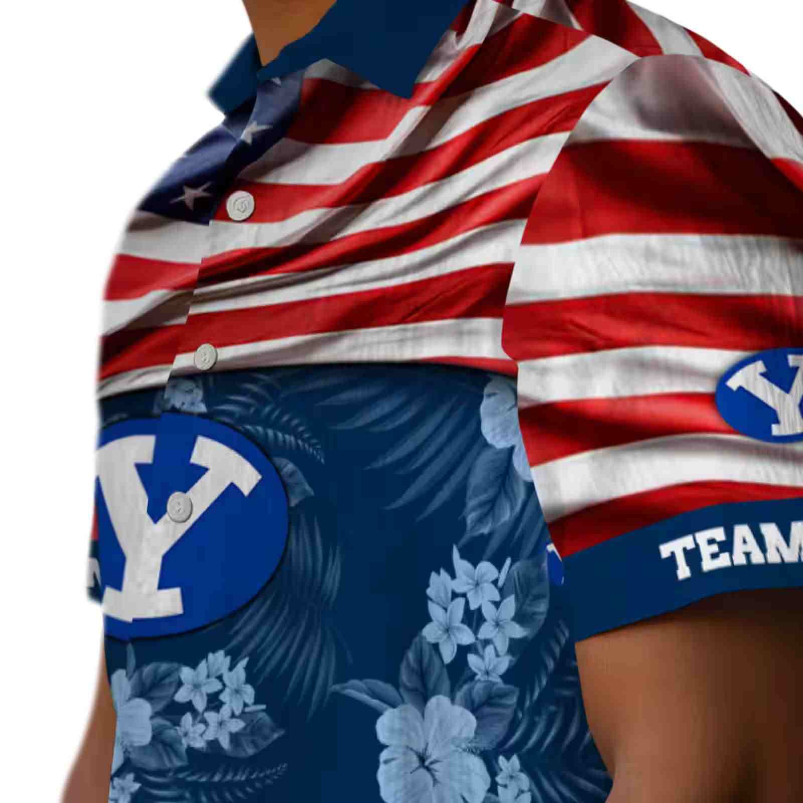 customized byu cougars us flag hibiscus blue hawaiian shirt trendy