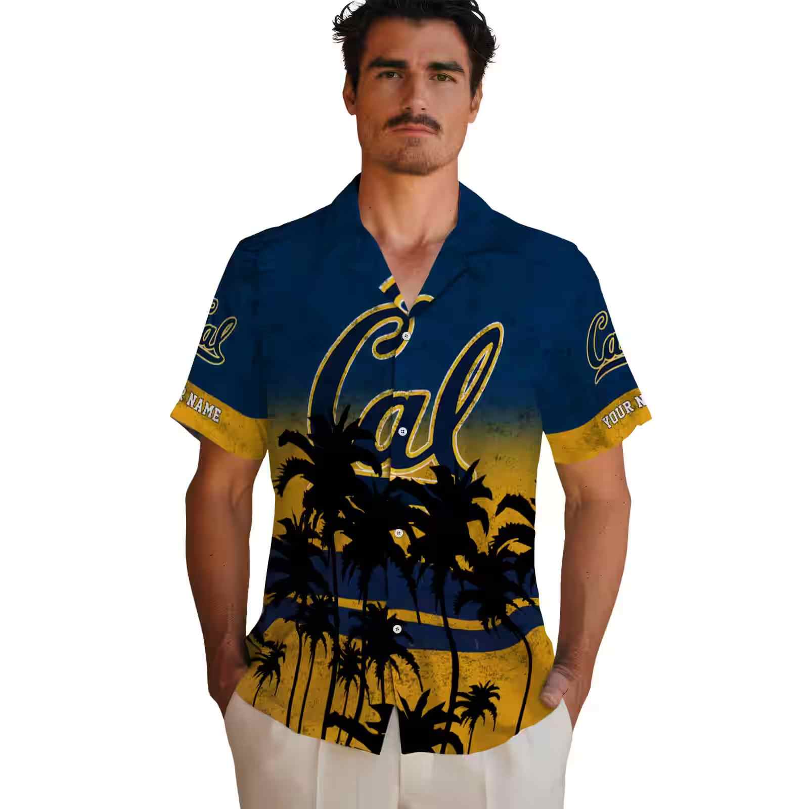 customized california golden bears sunset pattern blue black hawaiian shirt fashion forward