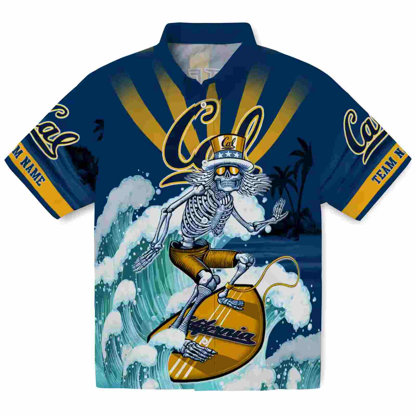 Customized California Golden Bears Surfing Skeleton Blue Hawaiian Shirt