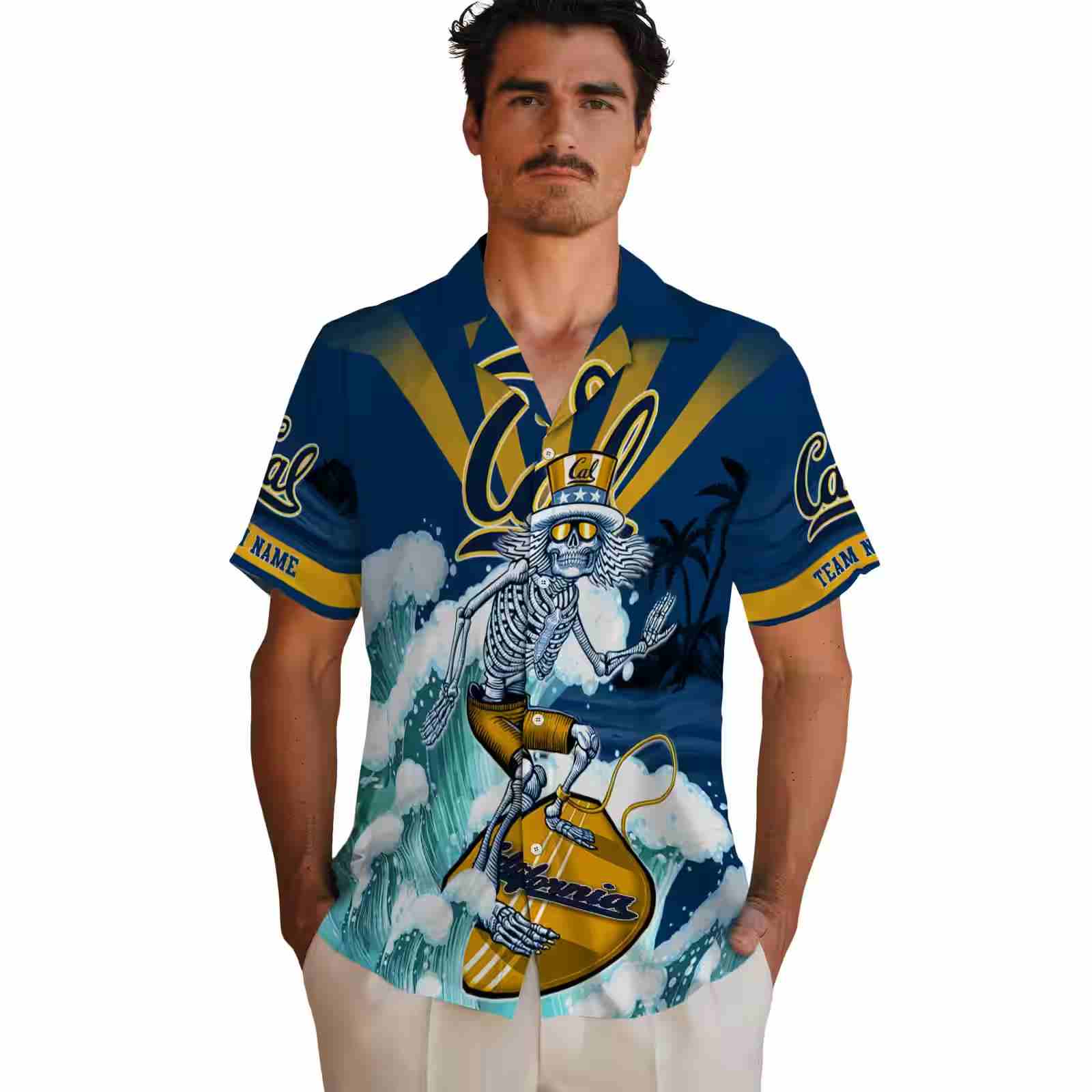 customized california golden bears surfing skeleton blue hawaiian shirt fashion forward