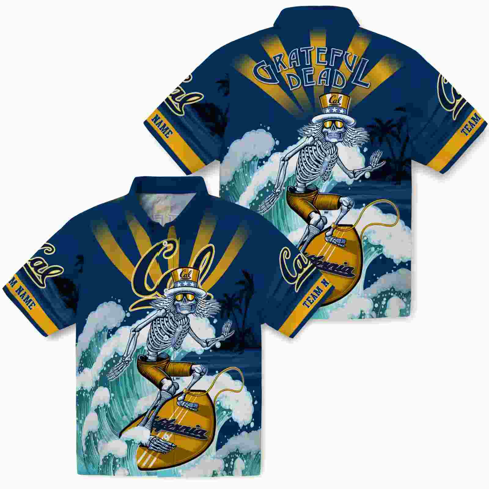 customized california golden bears surfing skeleton blue hawaiian shirt high quality