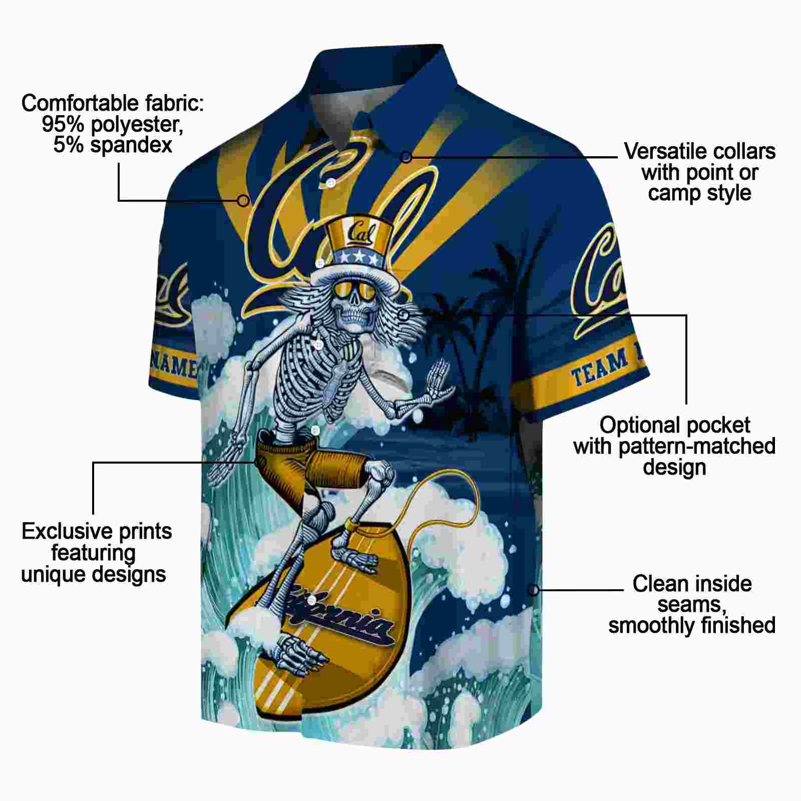 customized california golden bears surfing skeleton blue hawaiian shirt new arrival