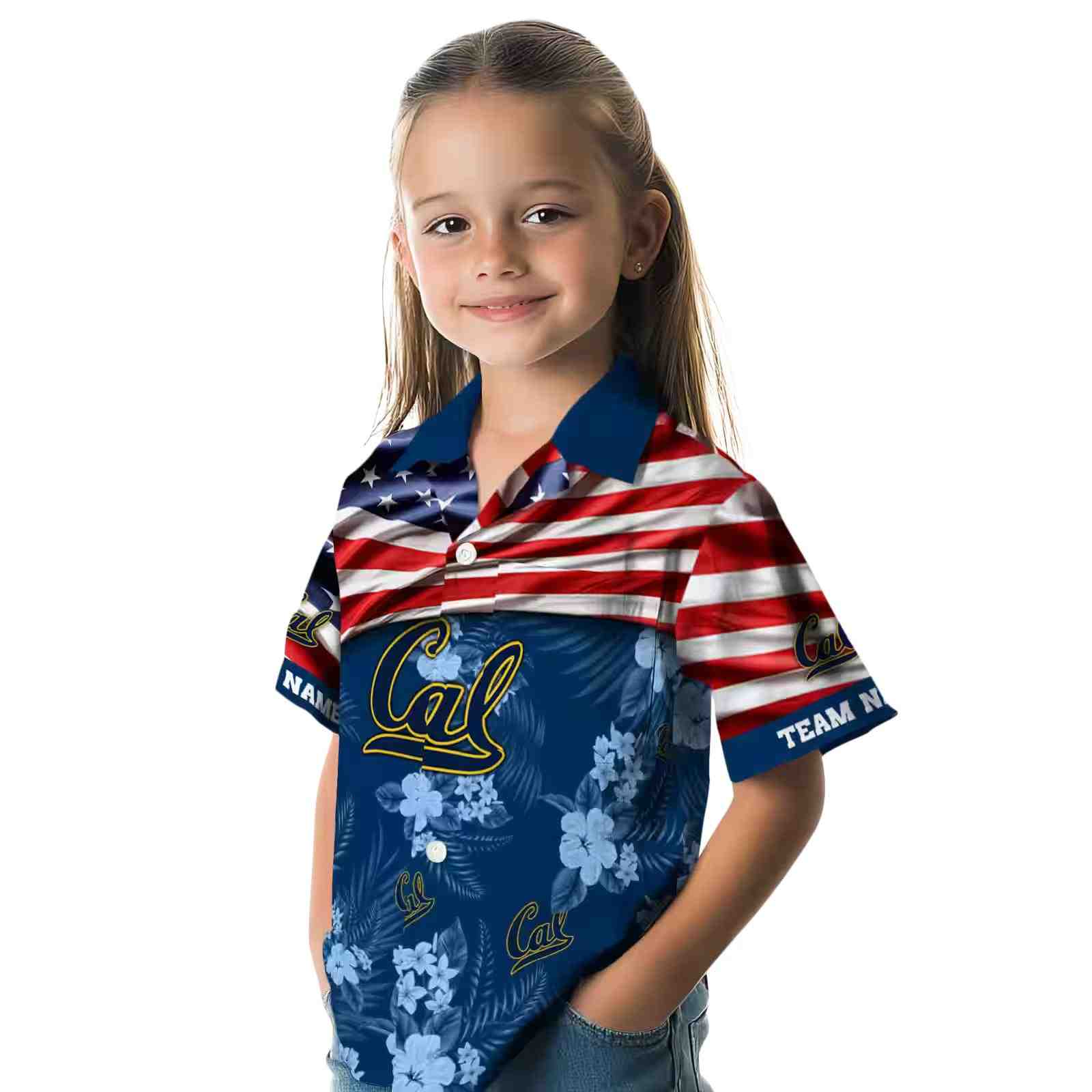 customized california golden bears us flag hibiscus blue hawaiian shirt premium grade