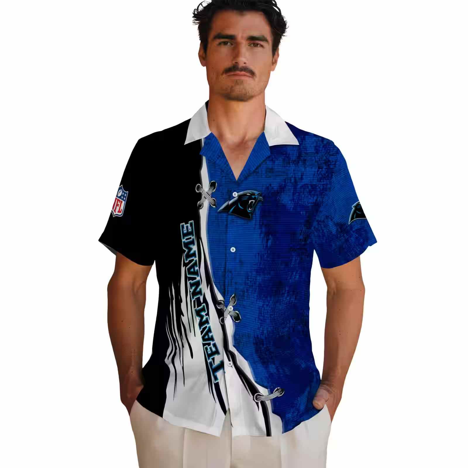 customized carolina panthers edgy streaks blue white hawaiian shirt fashion forward