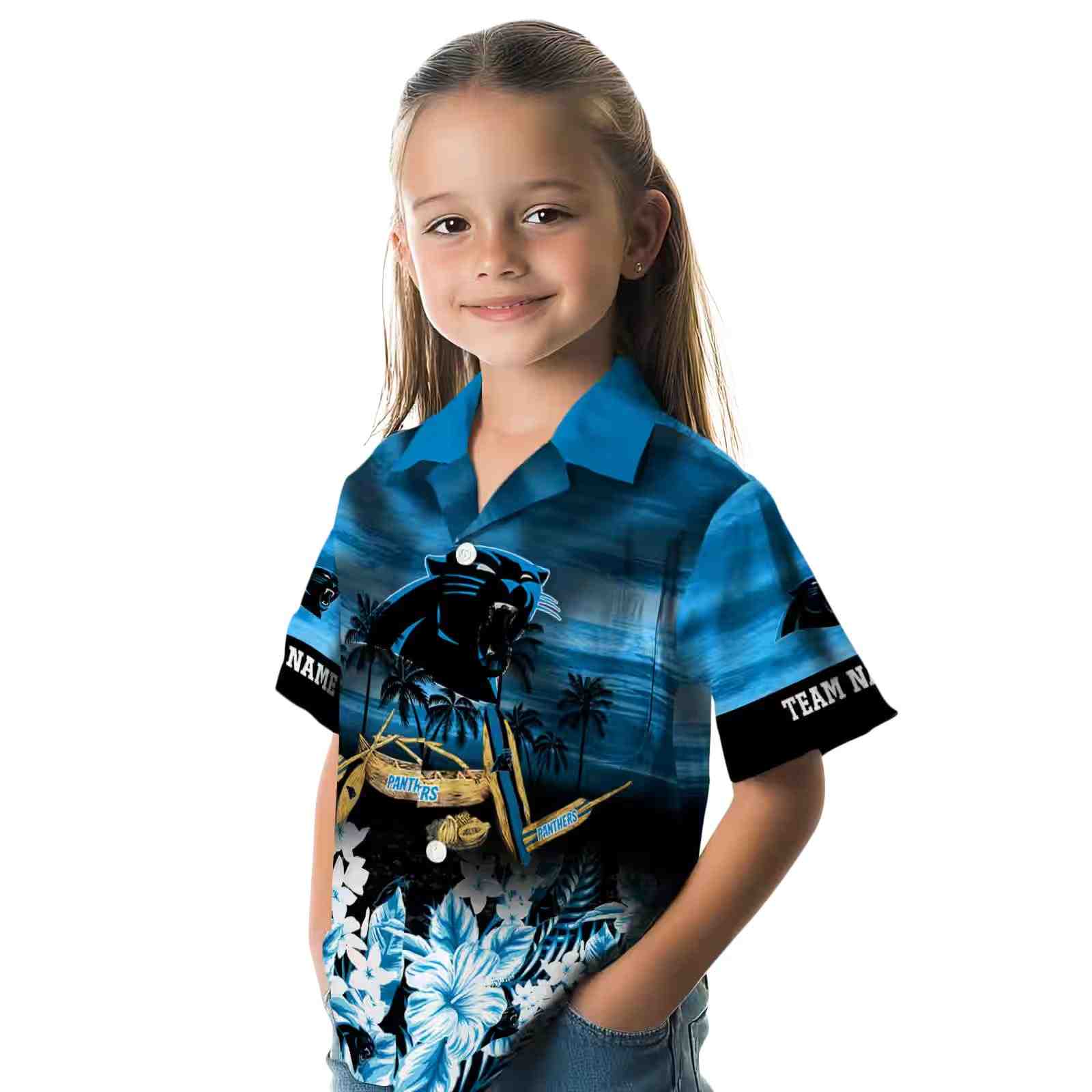 customized carolina panthers tropical canoe blue hawaiian shirt premium grade