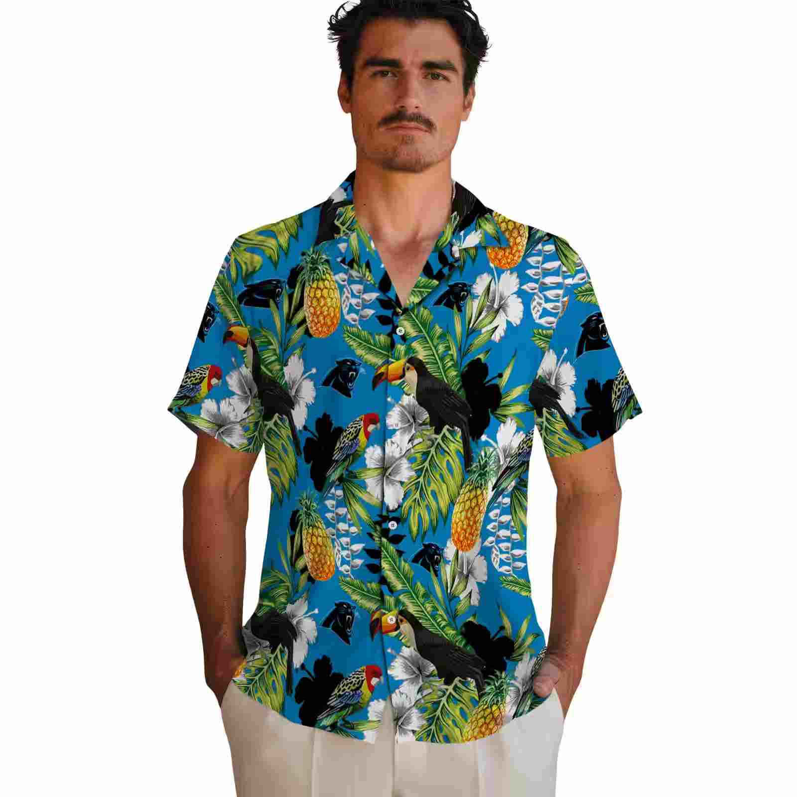 customized carolina panthers tropical toucan blue green hawaiian shirt fashion forward