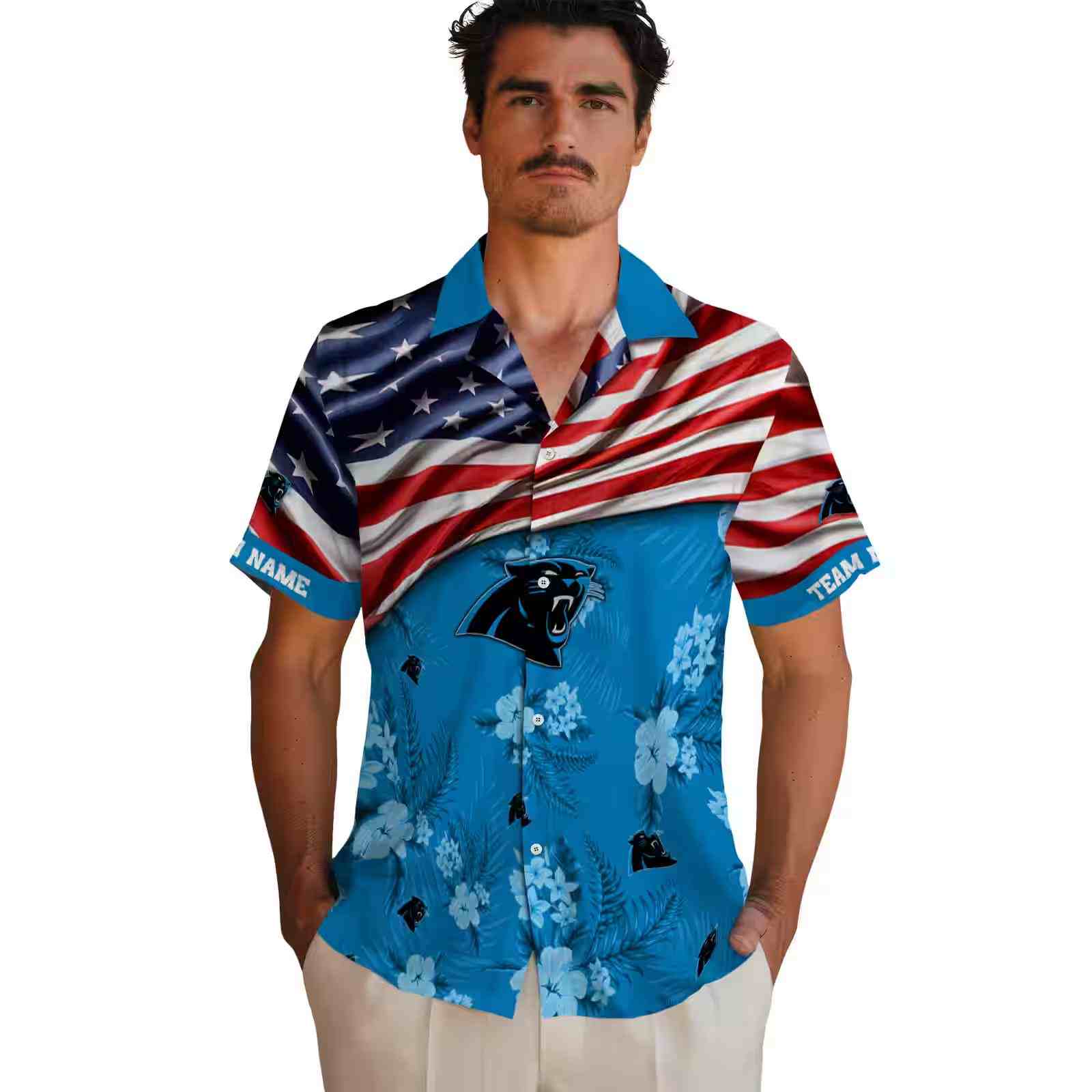 customized carolina panthers us flag hibiscus blue hawaiian shirt fashion forward